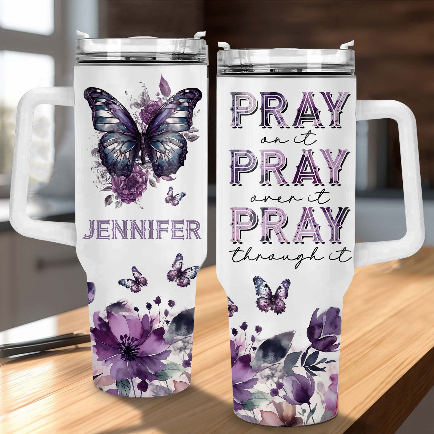 Purple butterfly Pray on it - 40 Oz Tumbler With Handle - Personalized Stainless Steel Tumbler
