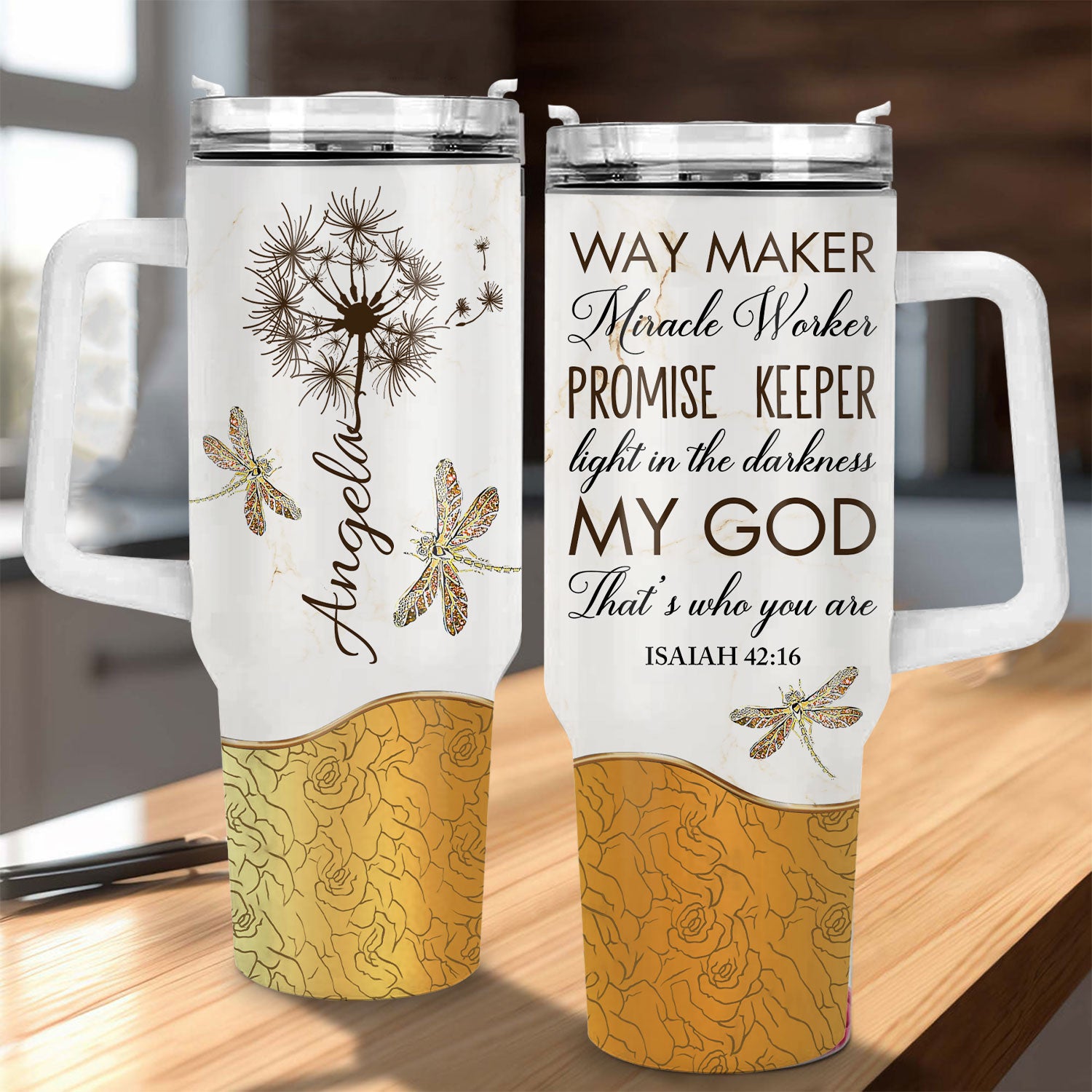 Dandelion Dragonfly Way maker - 40 Oz Tumbler With Handle - Personalized Stainless Steel Tumbler