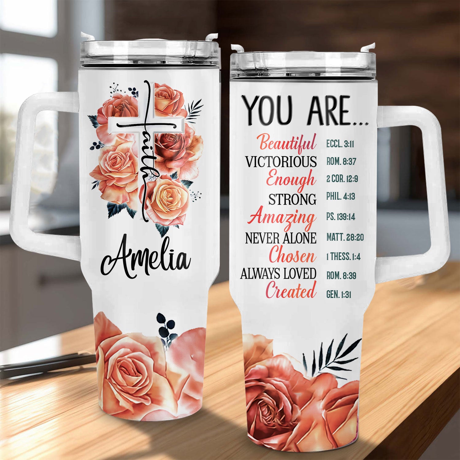 Rose Cross You Are - 40 Oz Tumbler With Handle - Personalized Stainless Steel Tumbler