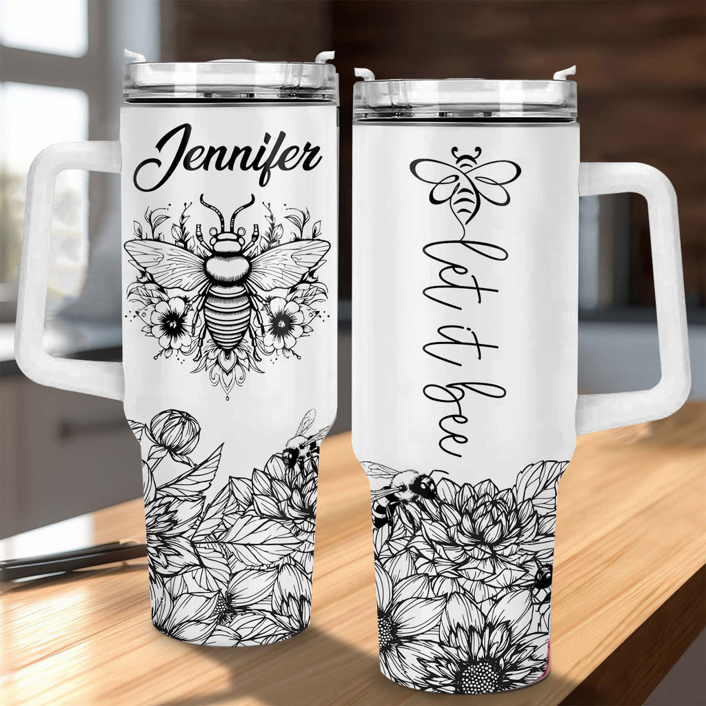 Black and White Let it bee - 40 Oz Tumbler With Handle - Personalized Stainless Steel Tumbler