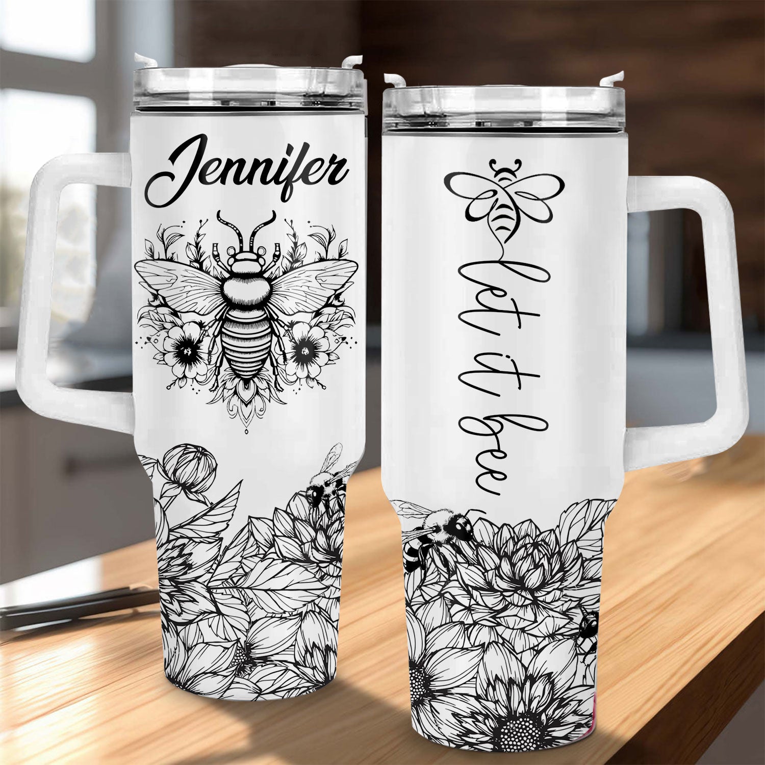 Black and White Let it bee - 40 Oz Tumbler With Handle - Personalized Stainless Steel Tumbler