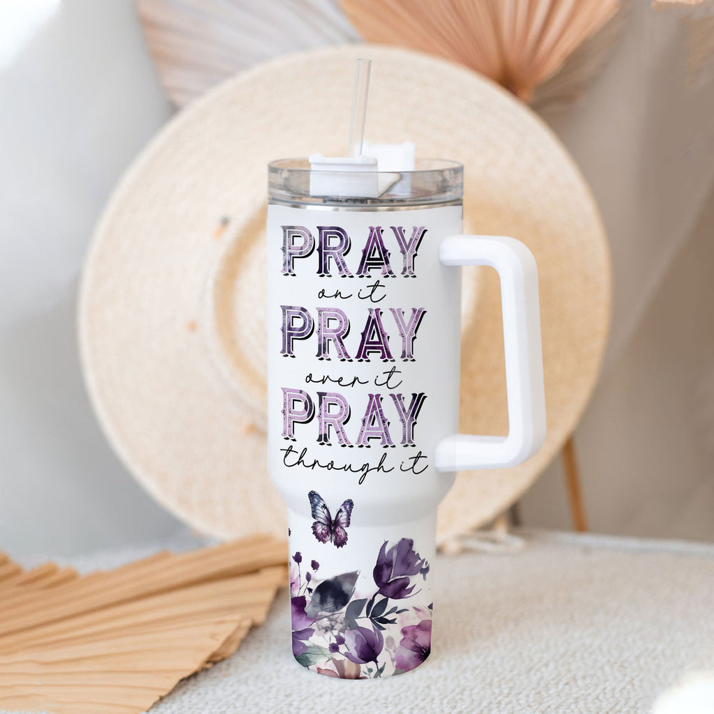 Purple butterfly Pray on it - 40 Oz Tumbler With Handle - Personalized Stainless Steel Tumbler