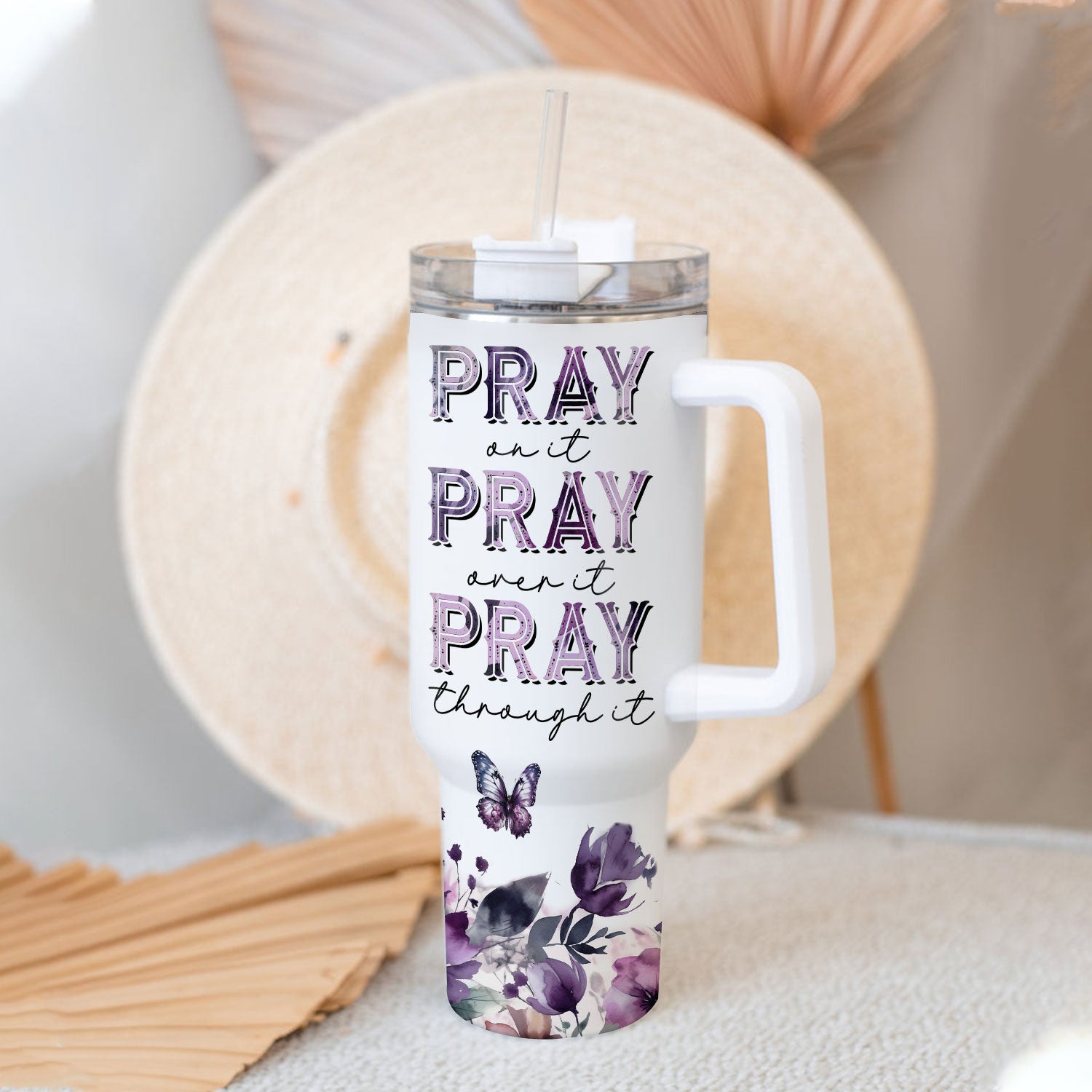 Purple butterfly Pray on it - 40 Oz Tumbler With Handle - Personalized Stainless Steel Tumbler