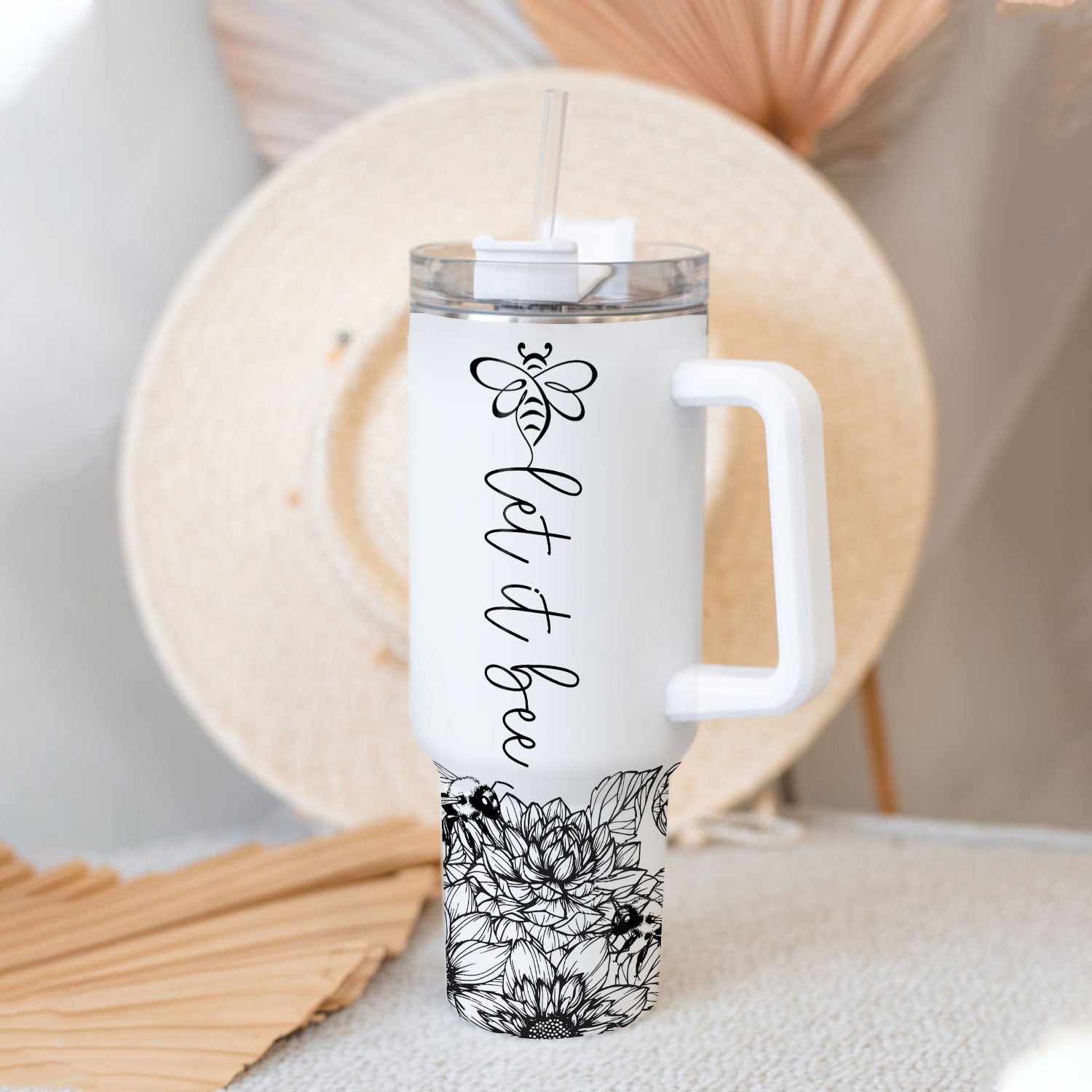Black and White Let it bee - 40 Oz Tumbler With Handle - Personalized Stainless Steel Tumbler