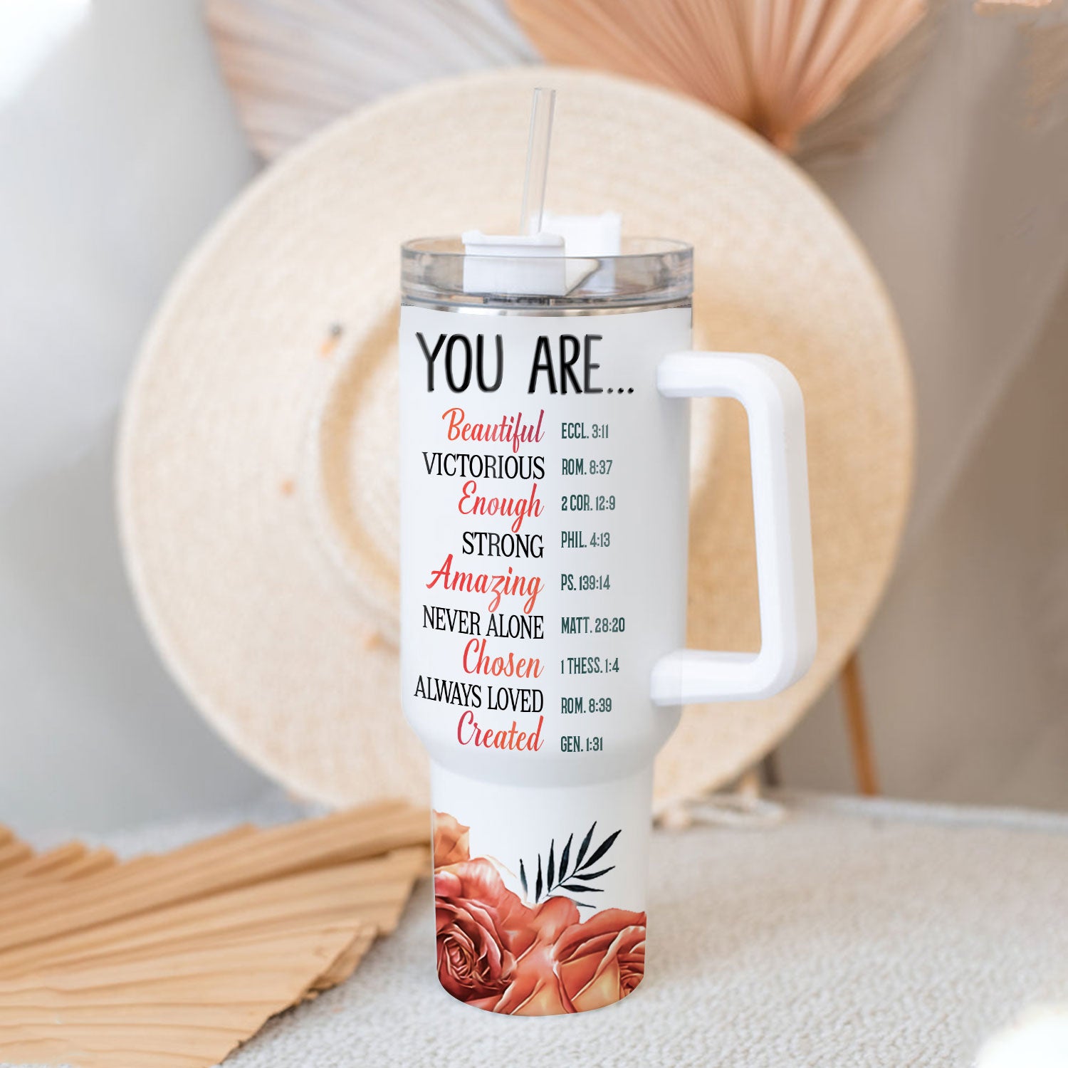 Rose Cross You Are - 40 Oz Tumbler With Handle - Personalized Stainless Steel Tumbler