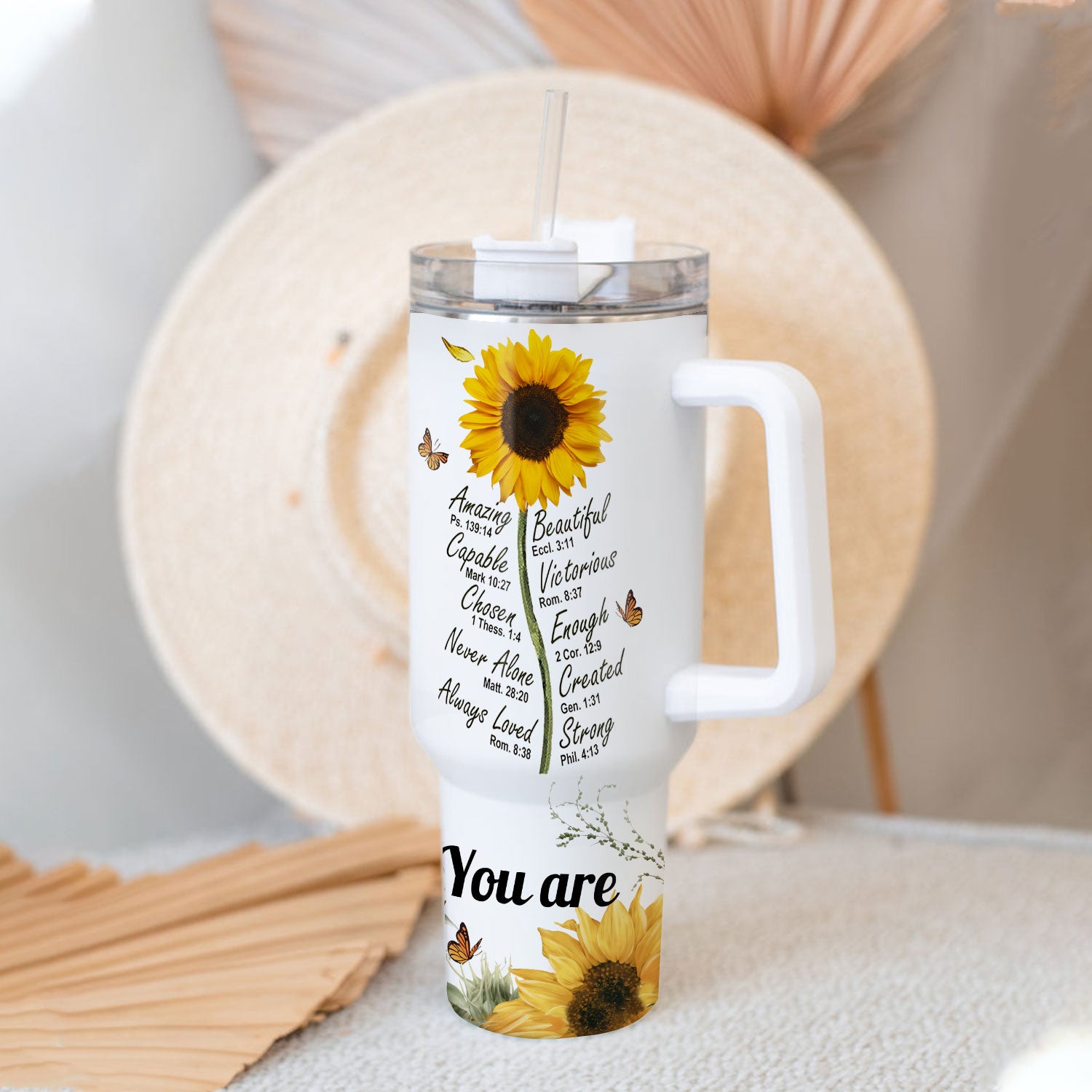 Sunflower You Are - 40 Oz Tumbler With Handle - Personalized Stainless Steel Tumbler
