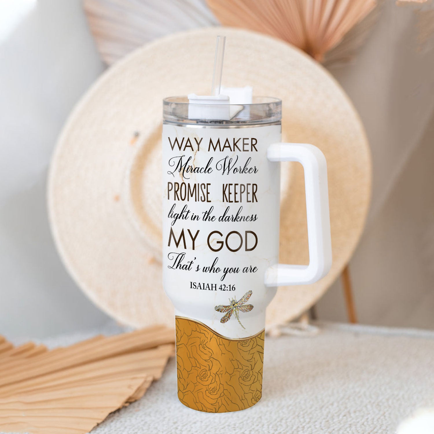 Dandelion Dragonfly Way maker - 40 Oz Tumbler With Handle - Personalized Stainless Steel Tumbler