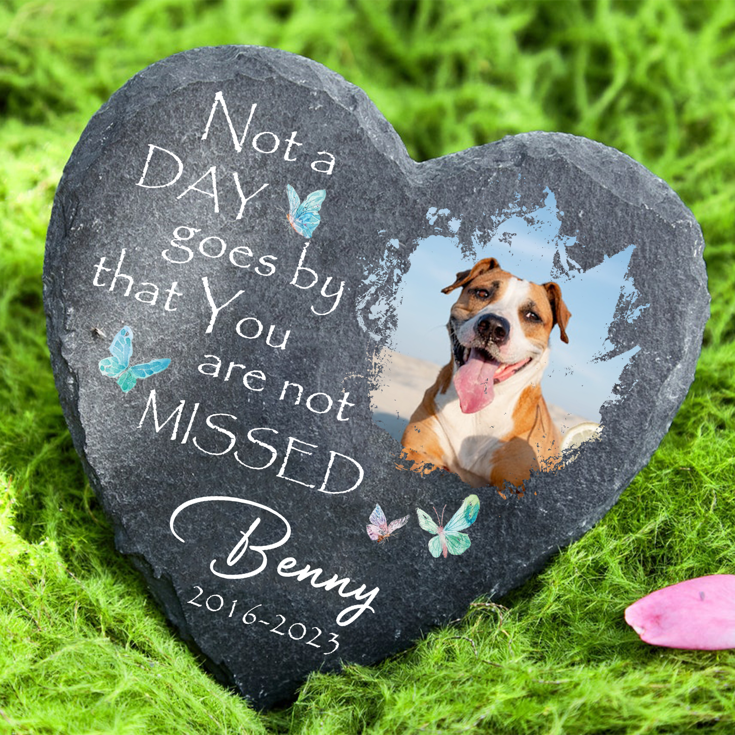 Dog Photo Blue Butterly Butterfly Custom Dog Memorial Stone, Pet Memorial Gifts - Personalized Custom Memorial Tomstone