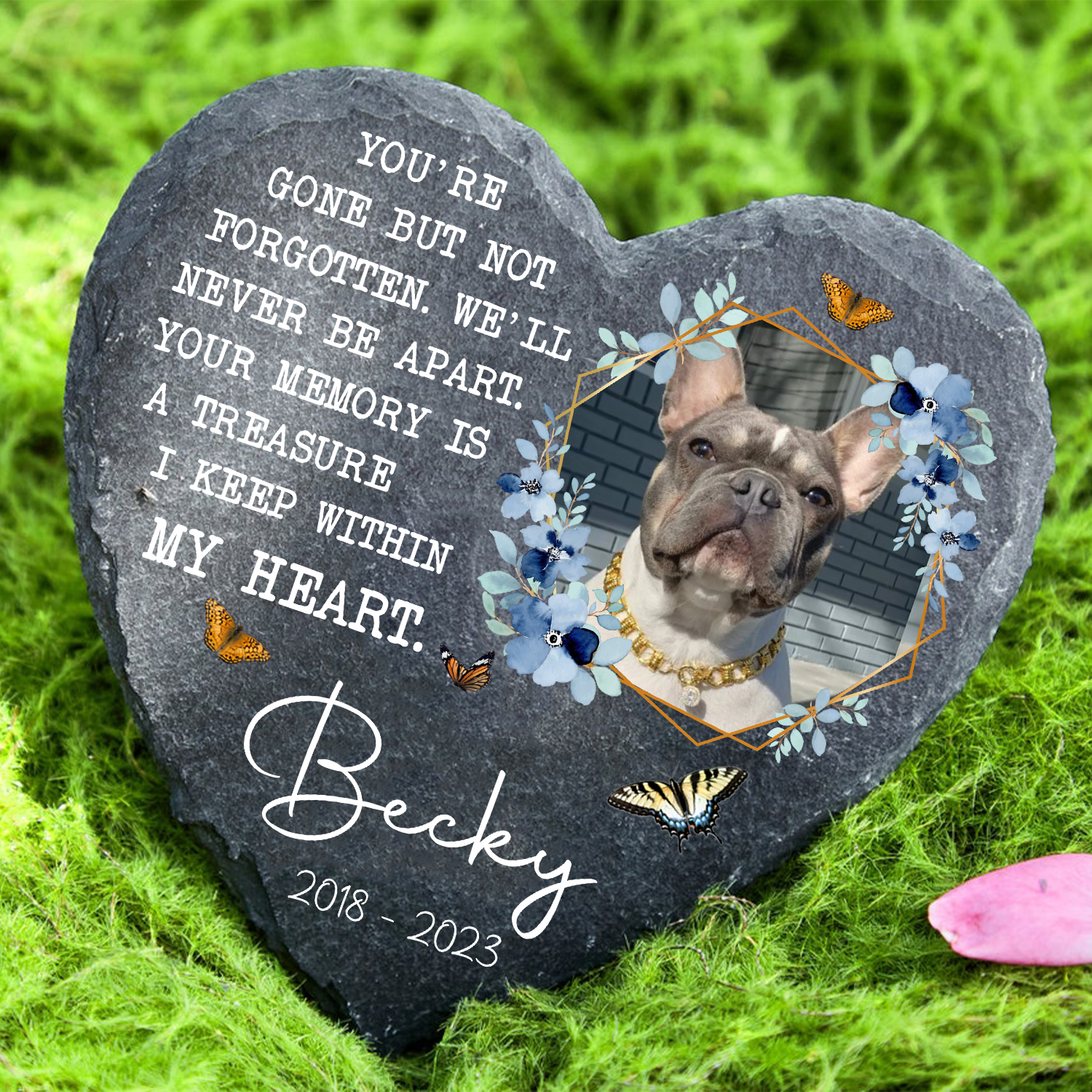 Blue Floral Butterfly Dog Photo You Are Gone But Not Forgotten Custom Dog Memorial Stone, Pet Memorial Gifts - Personalized Custom Memorial Tombstone