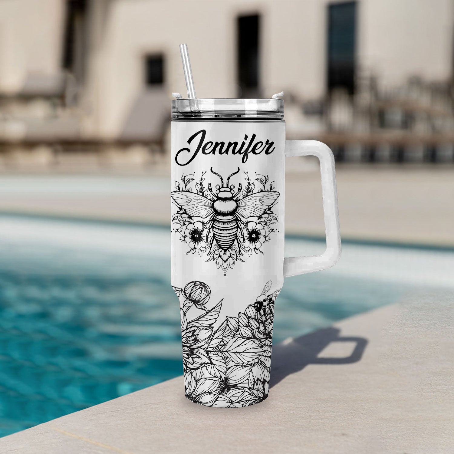 Black and White Let it bee - 40 Oz Tumbler With Handle - Personalized Stainless Steel Tumbler