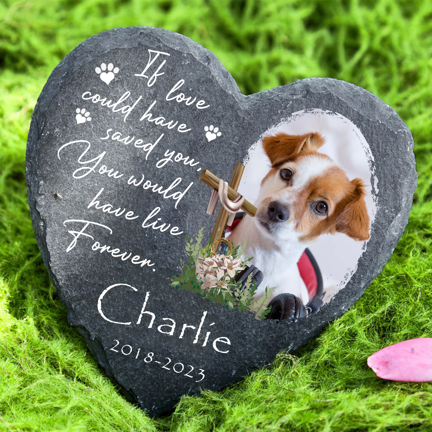 Dog Photo Christ Corss Flower Custom Dog Memorial Stone, Pet Memorial Gifts - Personalized Custom Memorial Tomstone