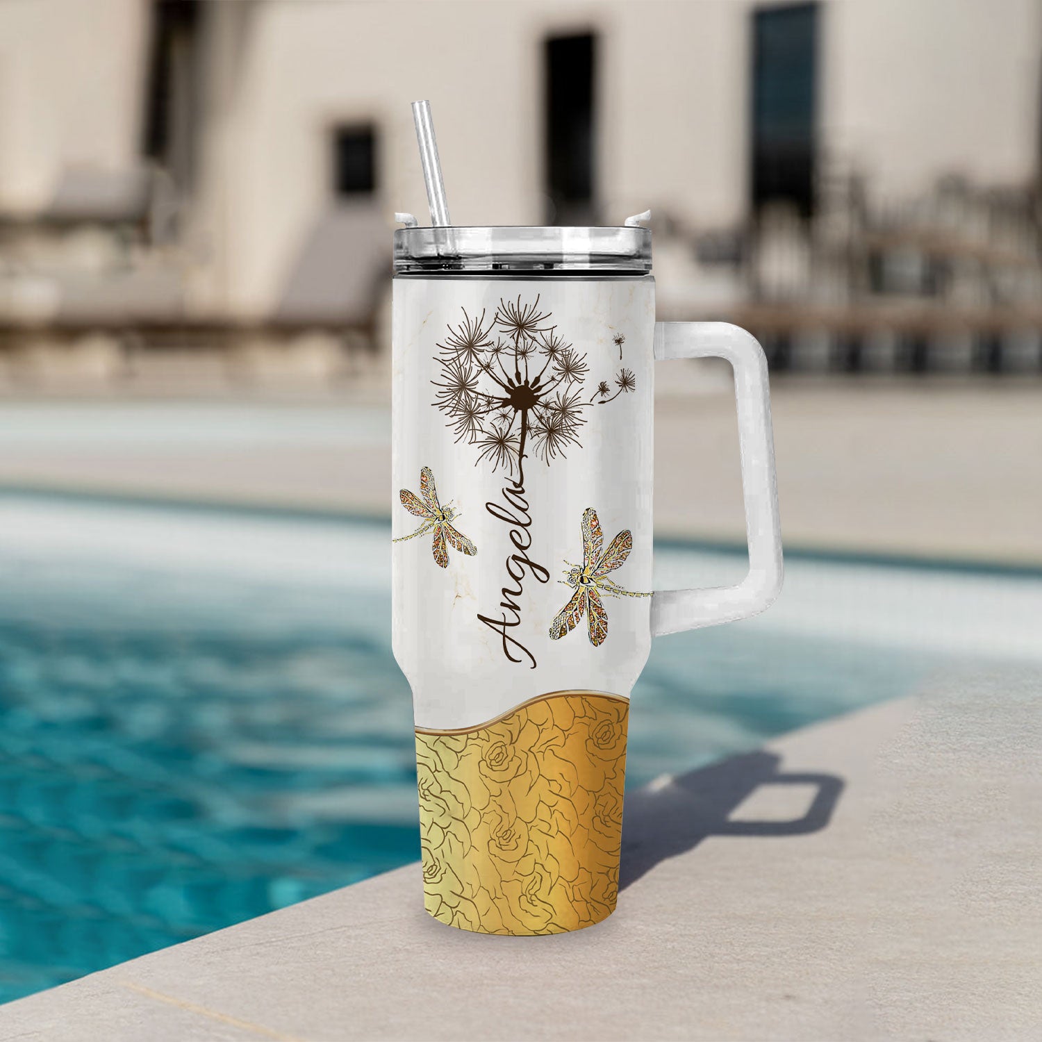 Dandelion Dragonfly Way maker - 40 Oz Tumbler With Handle - Personalized Stainless Steel Tumbler