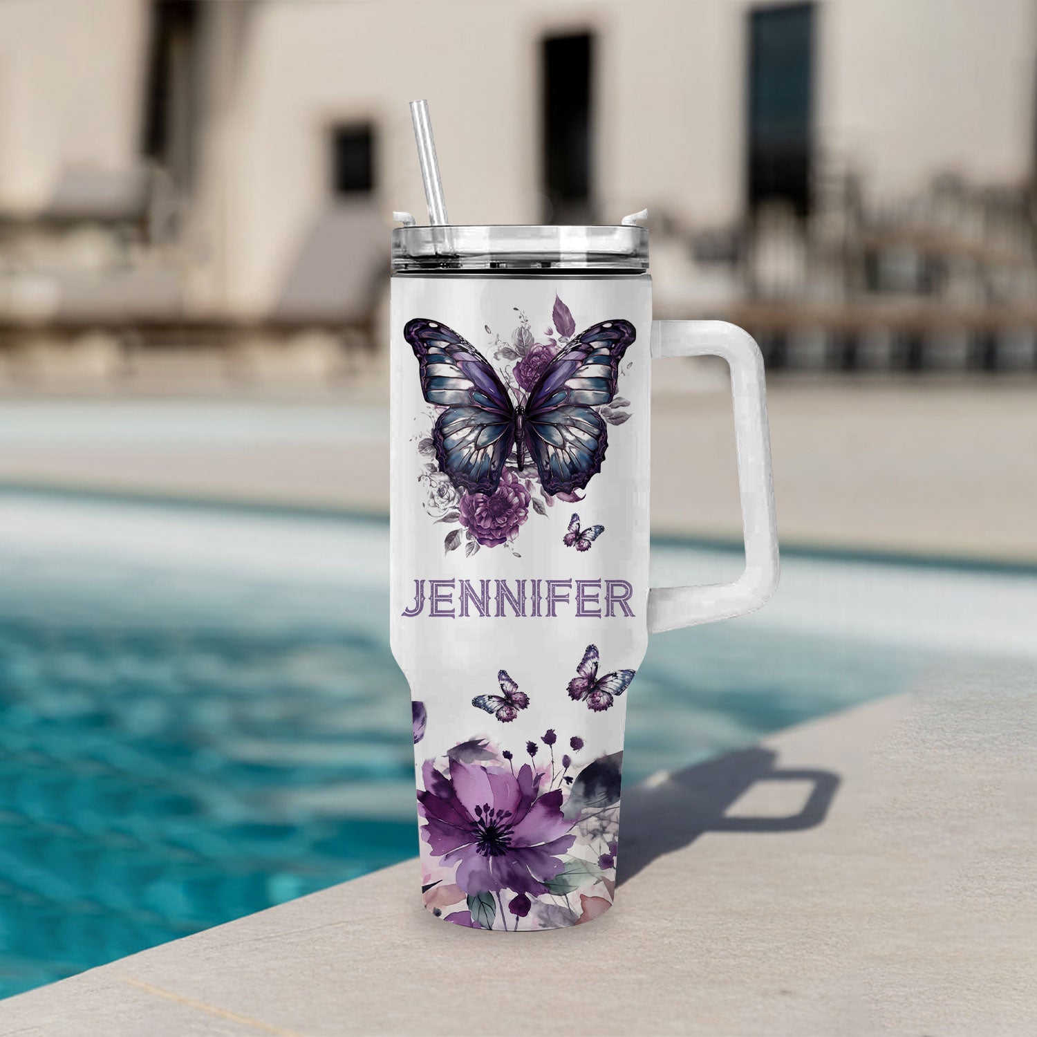 Purple butterfly Pray on it - 40 Oz Tumbler With Handle - Personalized Stainless Steel Tumbler