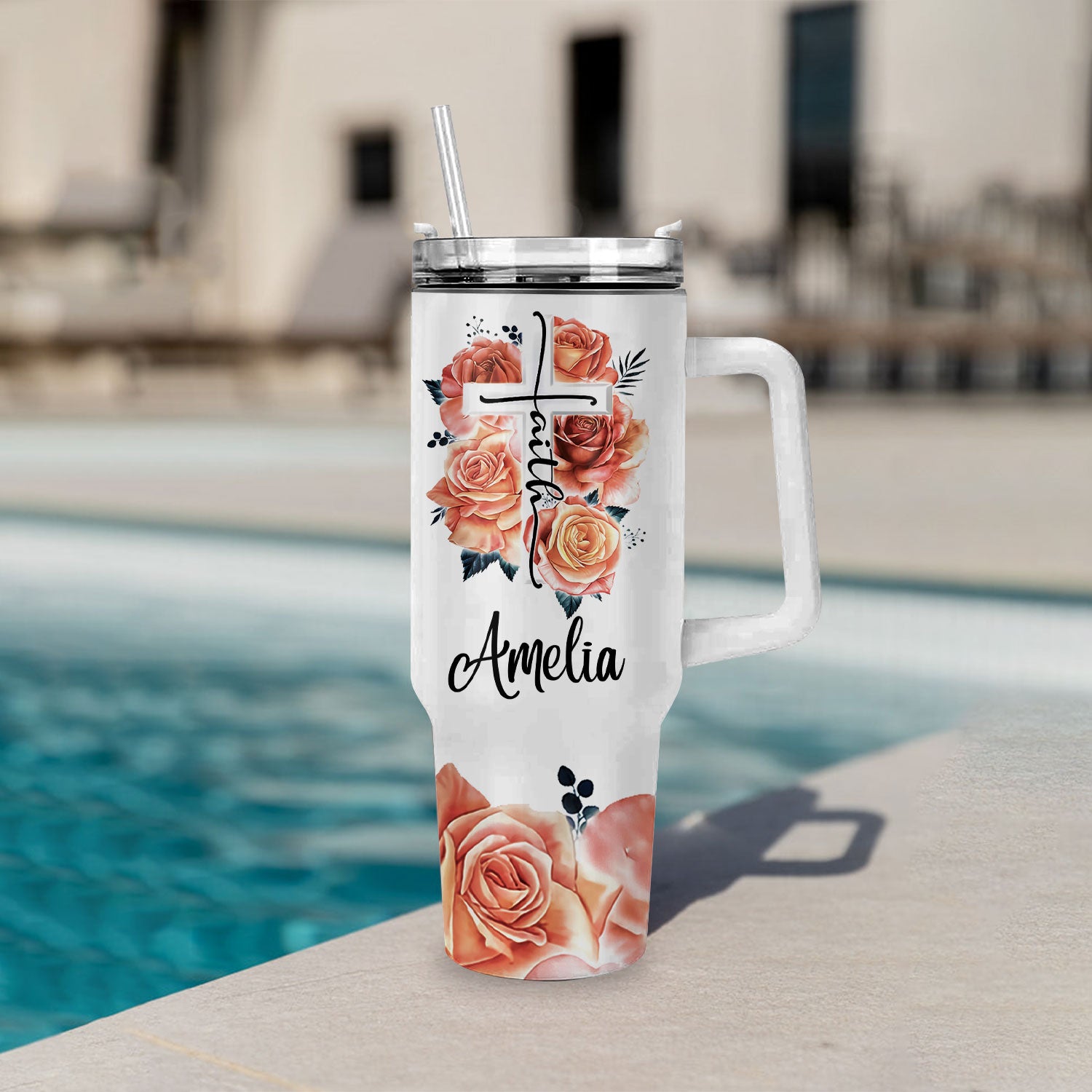 Rose Cross You Are - 40 Oz Tumbler With Handle - Personalized Stainless Steel Tumbler
