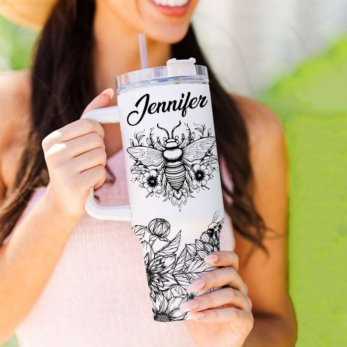 Black and White Let it bee - 40 Oz Tumbler With Handle - Personalized Stainless Steel Tumbler
