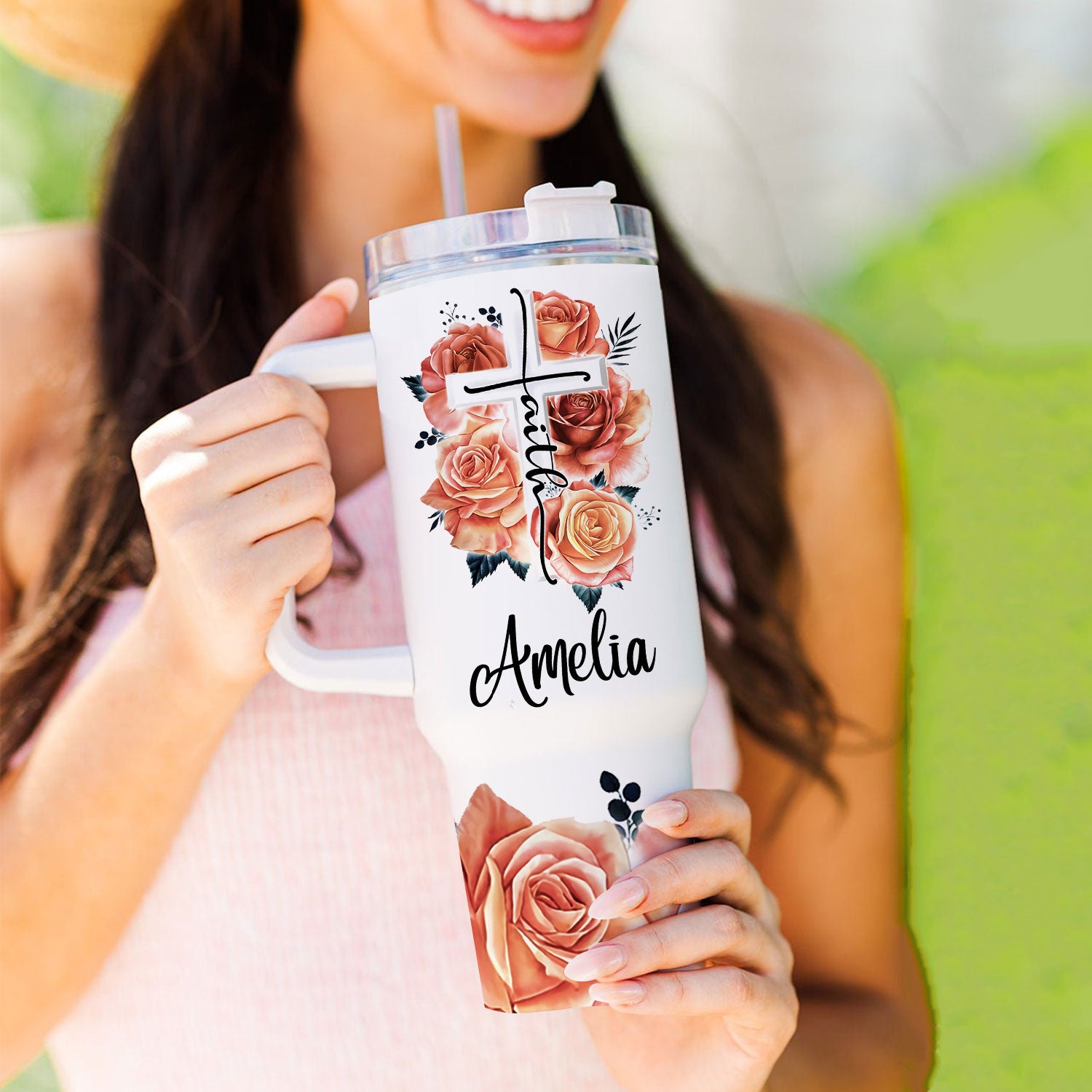 Rose Cross You Are - 40 Oz Tumbler With Handle - Personalized Stainless Steel Tumbler