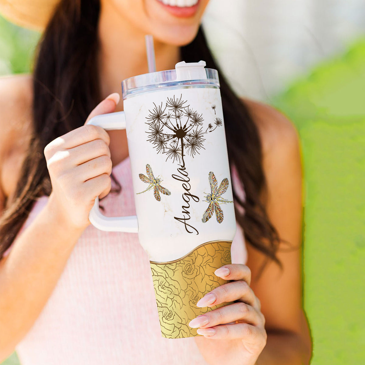 Dandelion Dragonfly Way maker - 40 Oz Tumbler With Handle - Personalized Stainless Steel Tumbler