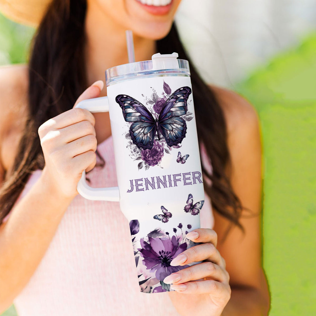 Purple butterfly Pray on it - 40 Oz Tumbler With Handle - Personalized Stainless Steel Tumbler