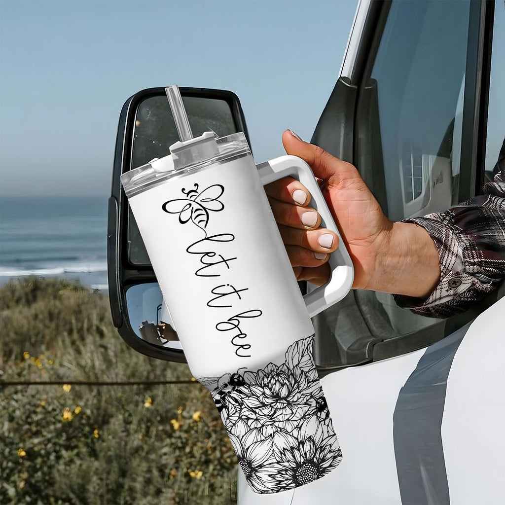 Black and White Let it bee - 40 Oz Tumbler With Handle - Personalized Stainless Steel Tumbler