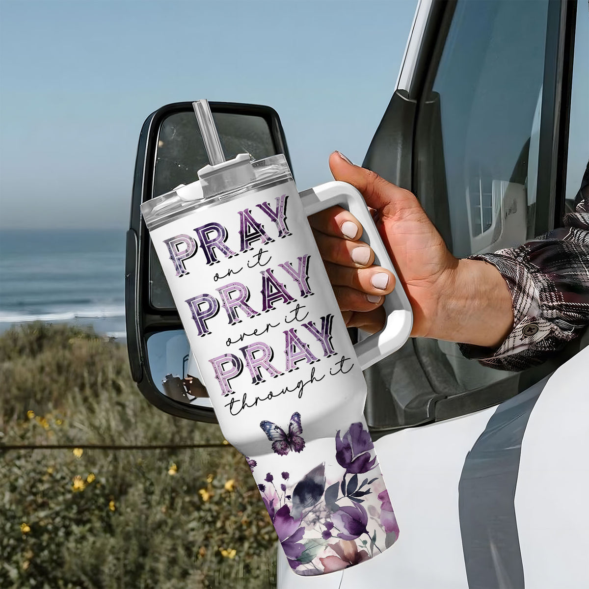 Purple butterfly Pray on it - 40 Oz Tumbler With Handle - Personalized Stainless Steel Tumbler