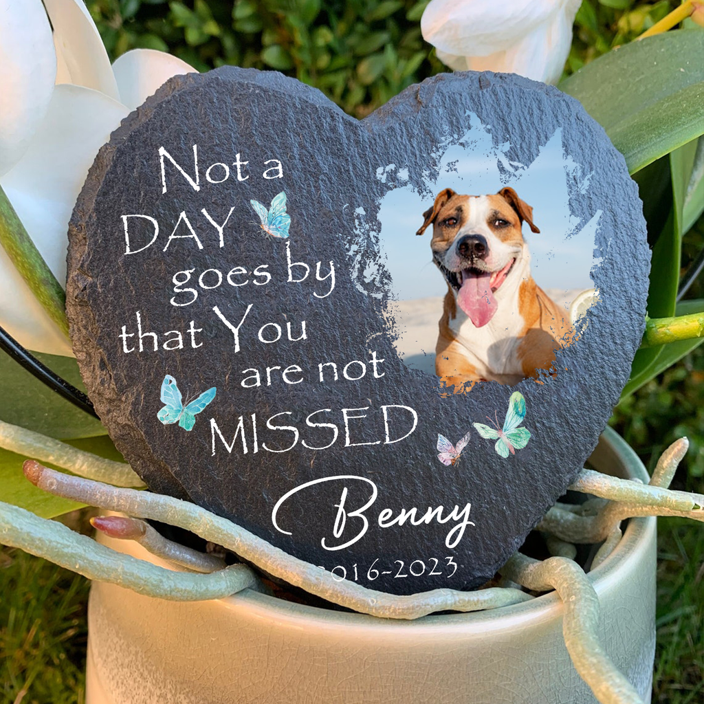 Dog Photo Blue Butterly Butterfly Custom Dog Memorial Stone, Pet Memorial Gifts - Personalized Custom Memorial Tomstone