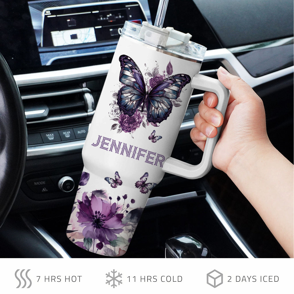 Purple butterfly Pray on it - 40 Oz Tumbler With Handle - Personalized Stainless Steel Tumbler