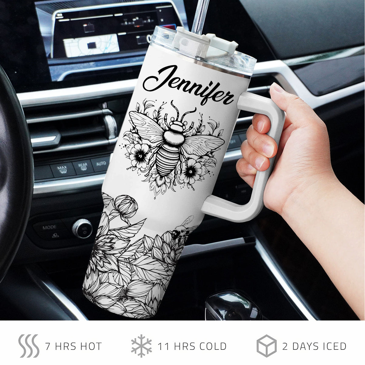 Black and White Let it bee - 40 Oz Tumbler With Handle - Personalized Stainless Steel Tumbler