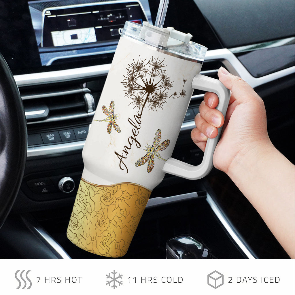 Dandelion Dragonfly Way maker - 40 Oz Tumbler With Handle - Personalized Stainless Steel Tumbler