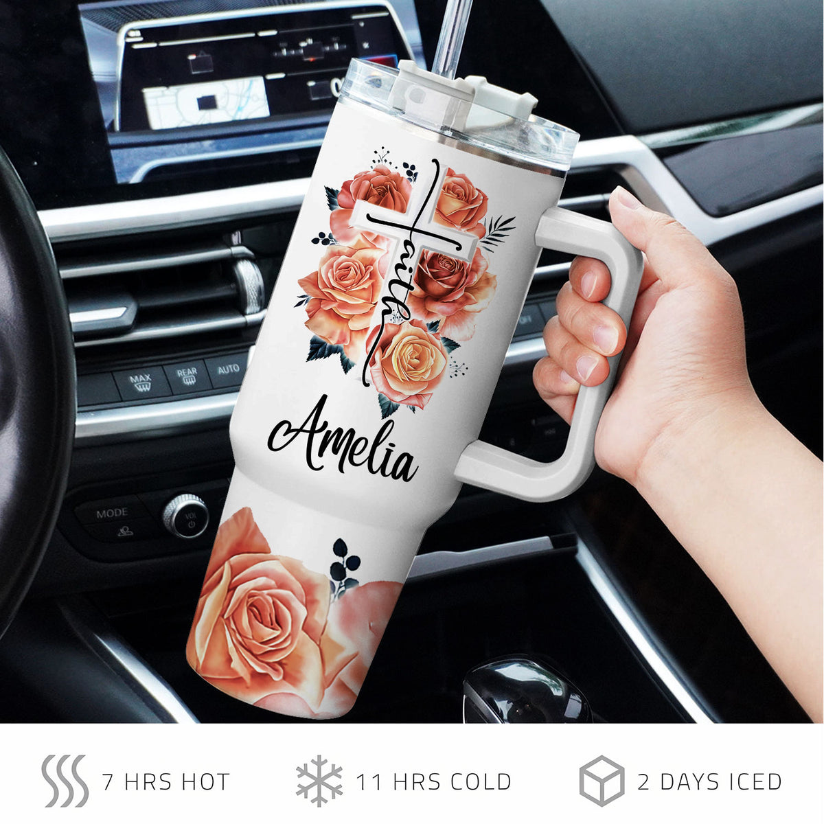 Rose Cross You Are - 40 Oz Tumbler With Handle - Personalized Stainless Steel Tumbler