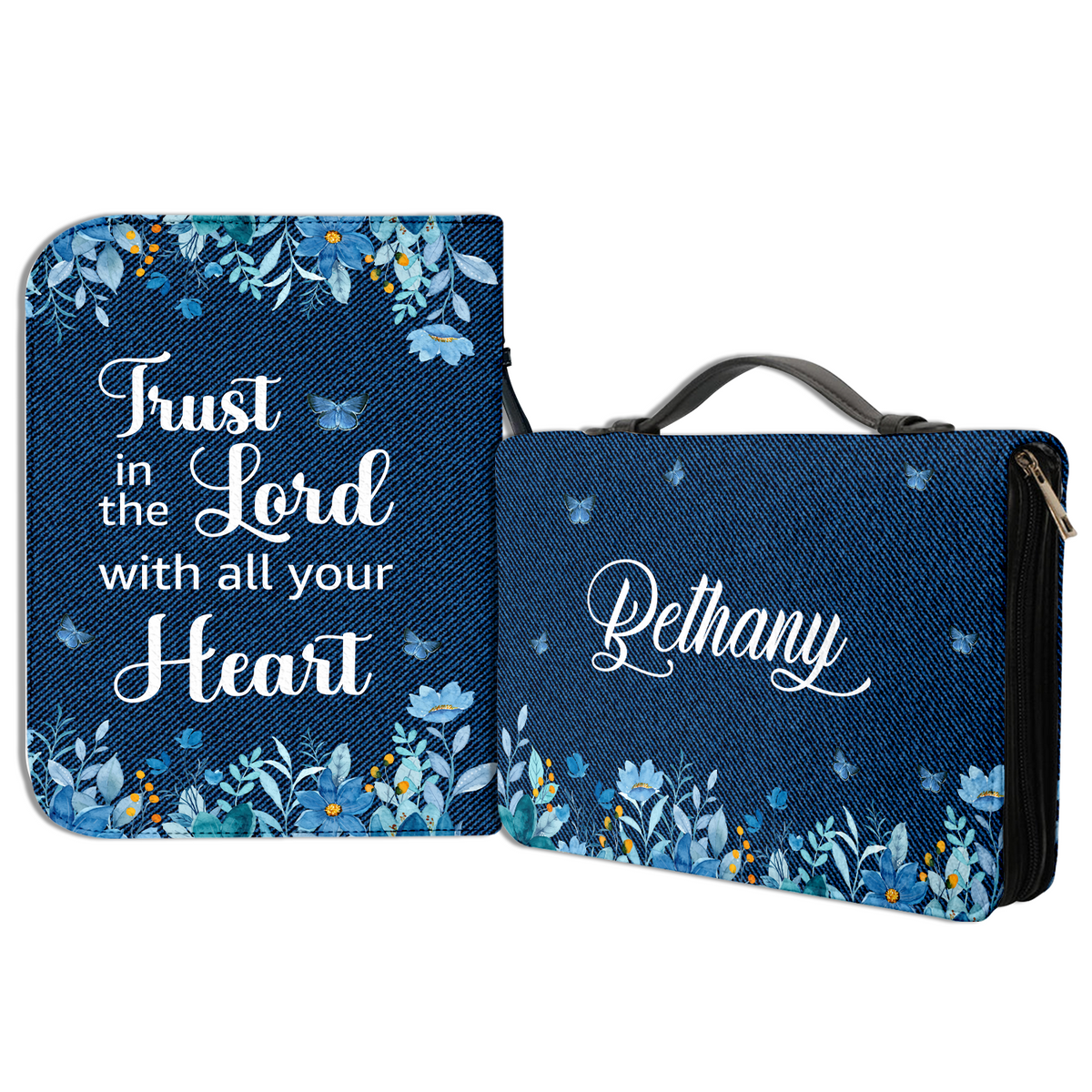 Blue Flower Jean Trust In The Lord Christian Personalized Bible Cover