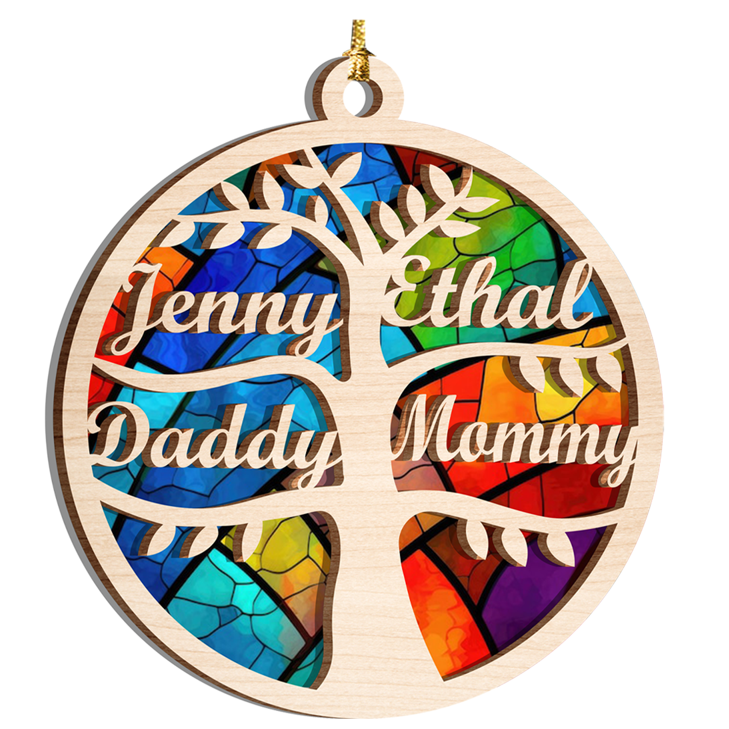 Family Tree Custom 2 Layers Stained Glass Suncatcher Christmas Car Hanging Wooden Ornament