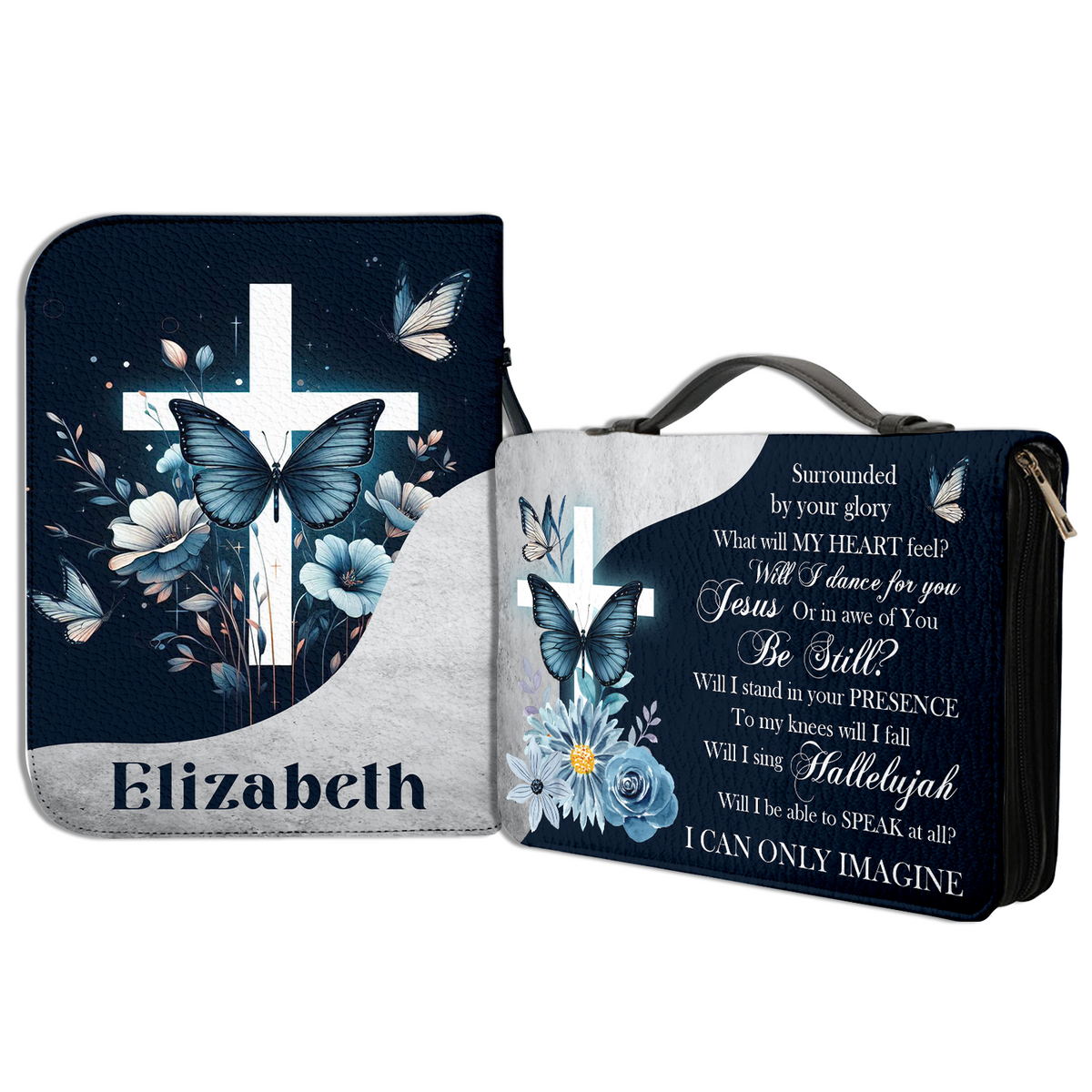 Blue Flower Cross Butterfly Surrounded By Your Glory Christian Personalized Bible Cover