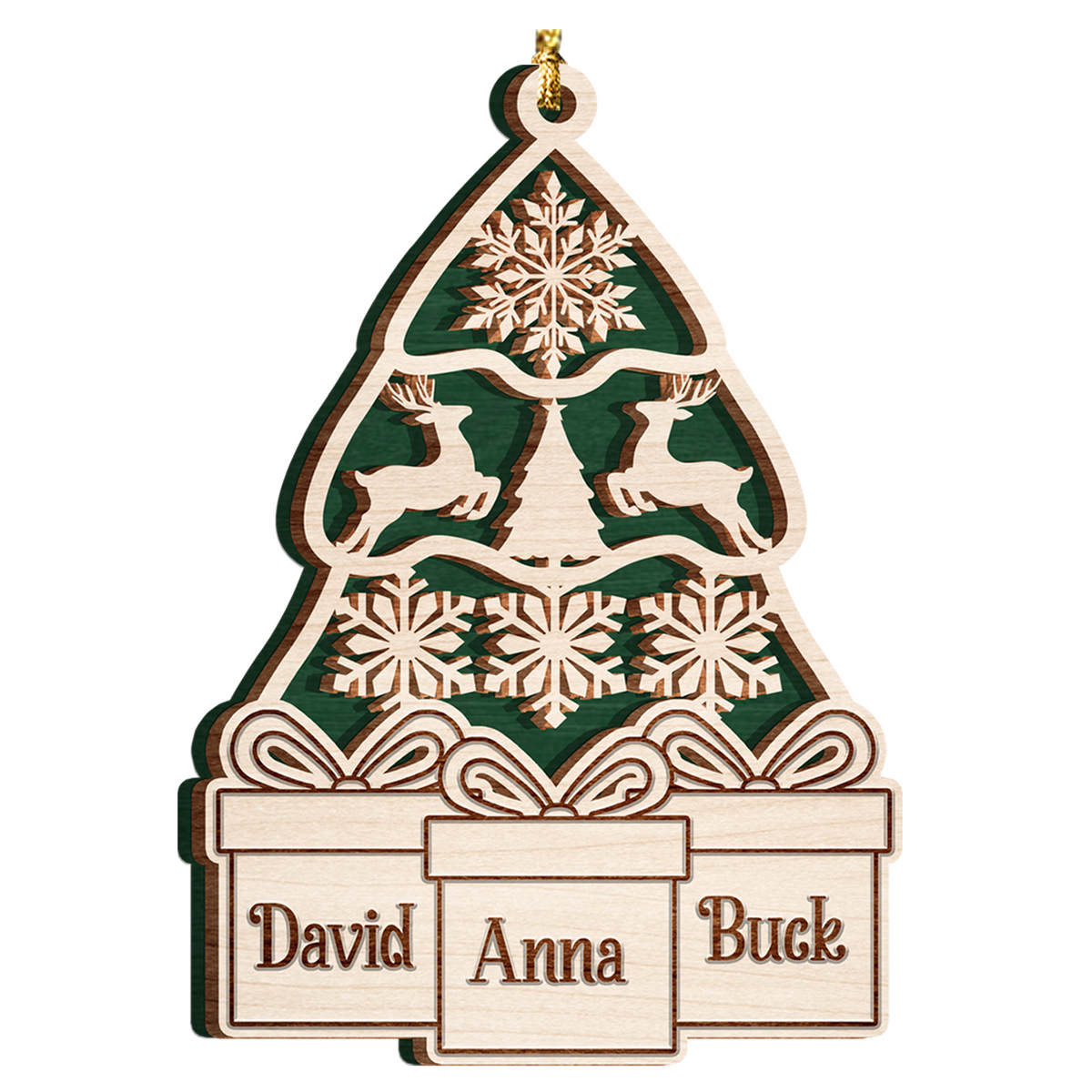 Green Wood Christmas Pine Gift Family Custom Ornament 2 Wooden Layers Christmas Hanging Gift