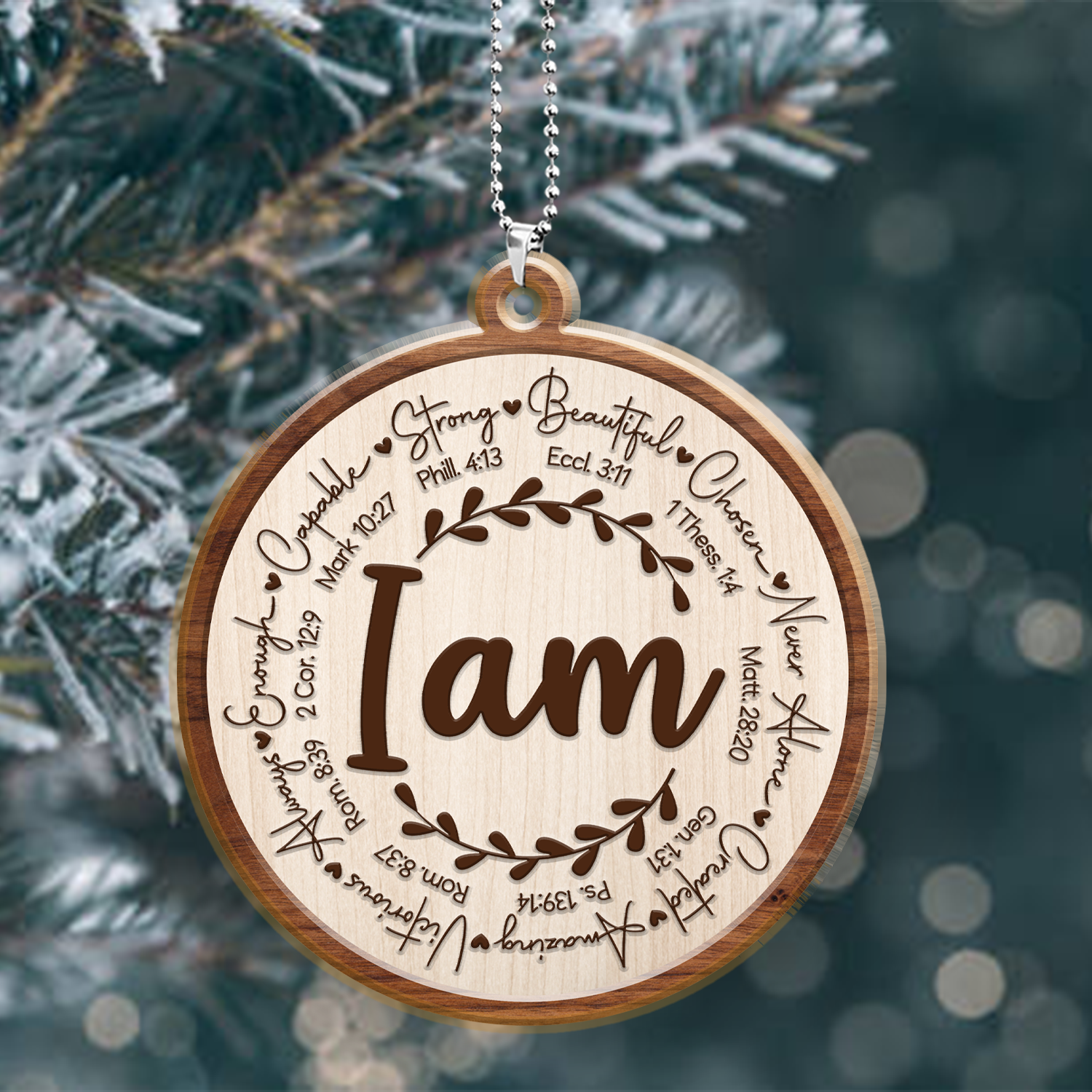 Engraved Wood Ornament I Am Identity In Christ Circle Leaf Vintage Ornament