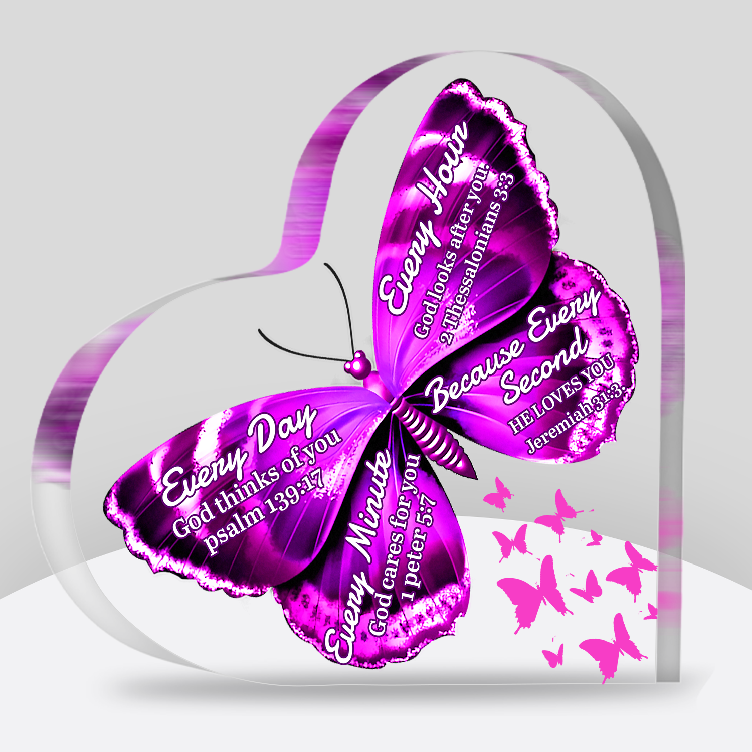 Every Second He Loves You Butterfly Heart Shaped Acrylic Plaque Christian Gifts Religious Gifts Inspirational Gifts with Bible Verse Prayers