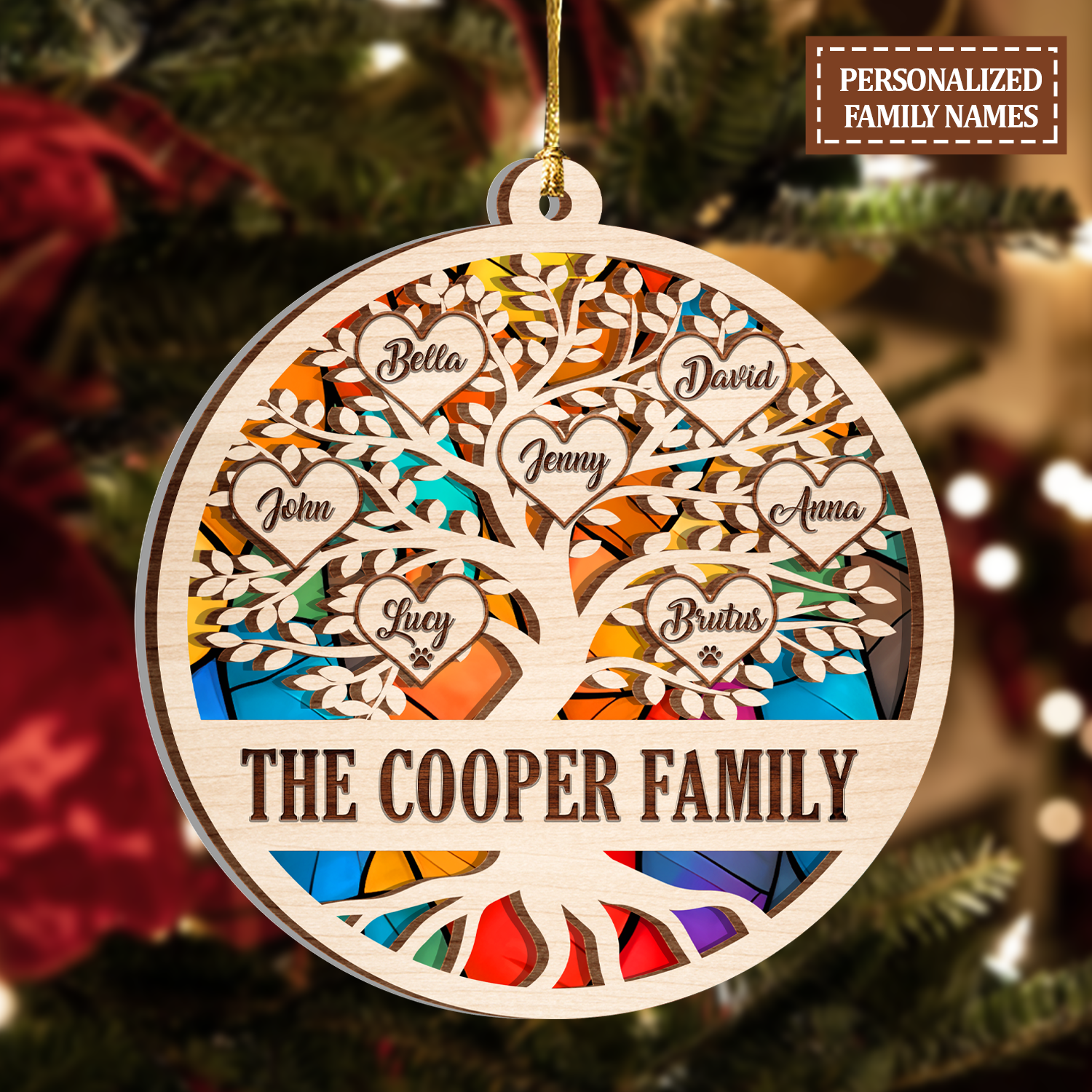 Christmas Family Tree Stained Glass Custom Two Layers Suncatcher Ornament Christmas Ornament Car Hanging Ornament