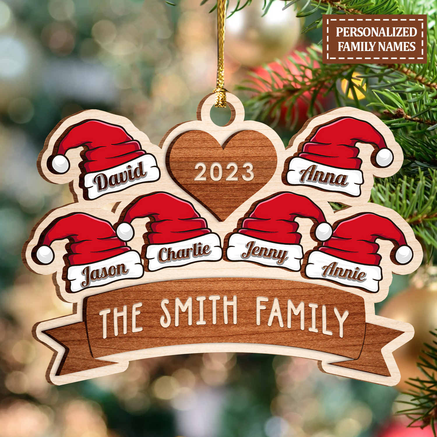 Christmas Santa Hat Family Stained Glass Custom Two Layers Suncatcher Ornament Christmas Ornament Car Hanging Ornament