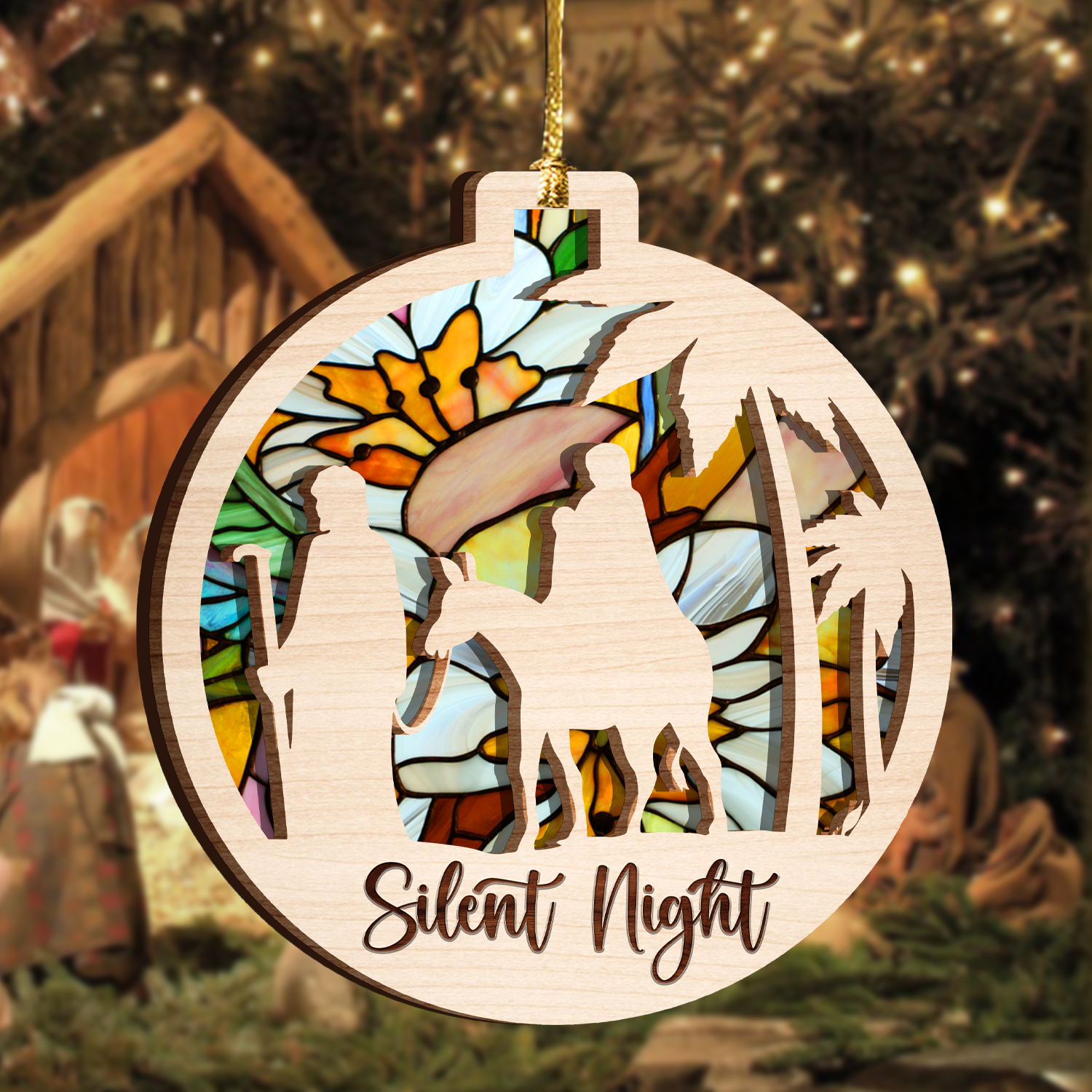 Christmas Silent Night Stained Glass Two Layers Suncatcher Ornament Christmas Ornament Car Hanging Ornament