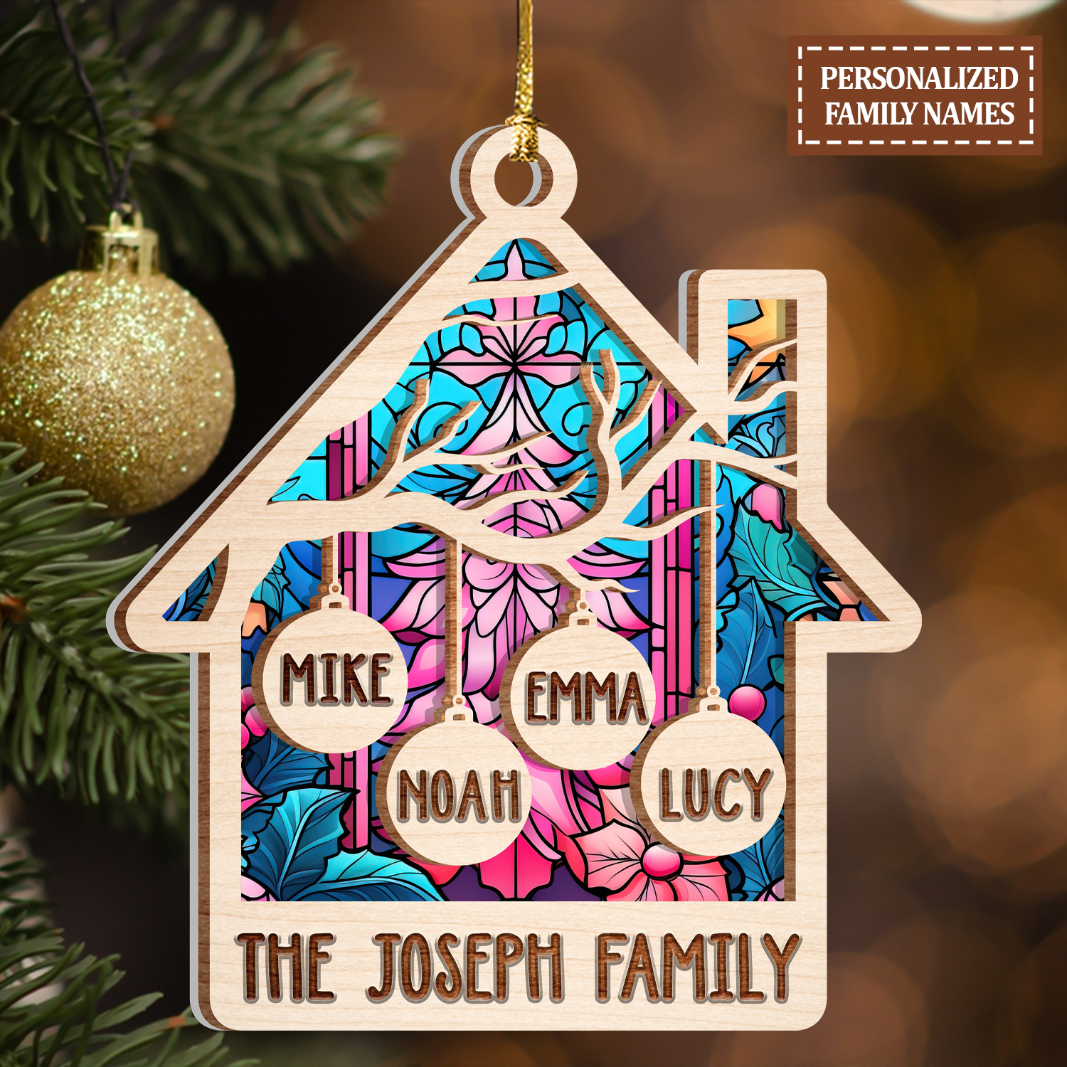 Home Family Christmas Tree Custom 2 Layers Stained Glass Suncatcher Christmas Car Hanging Wooden Ornament