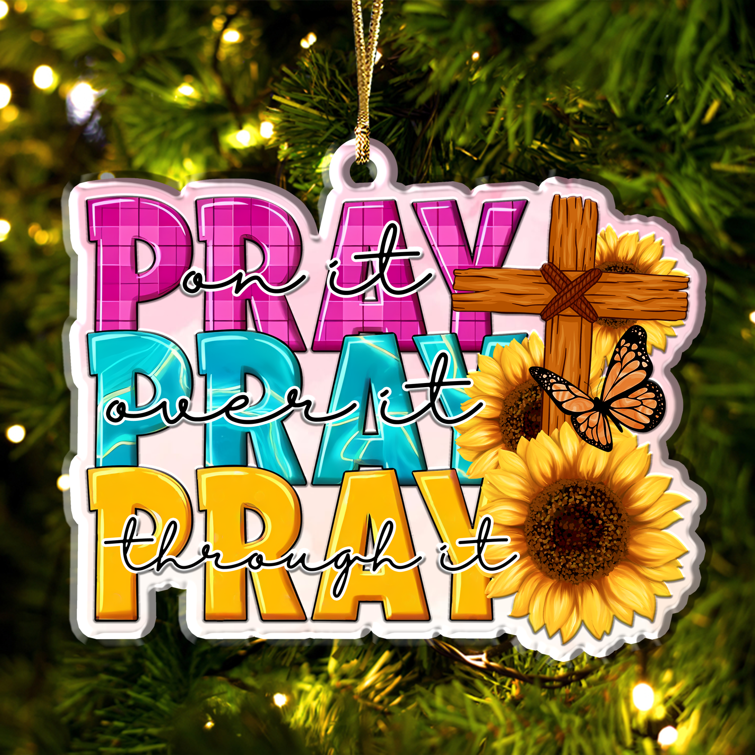 Sunflower Cross Pray On It Christian Gifts For Women, Birthday Gifts For Women, Ornament Gift, Christmas Ornament Car Hanging