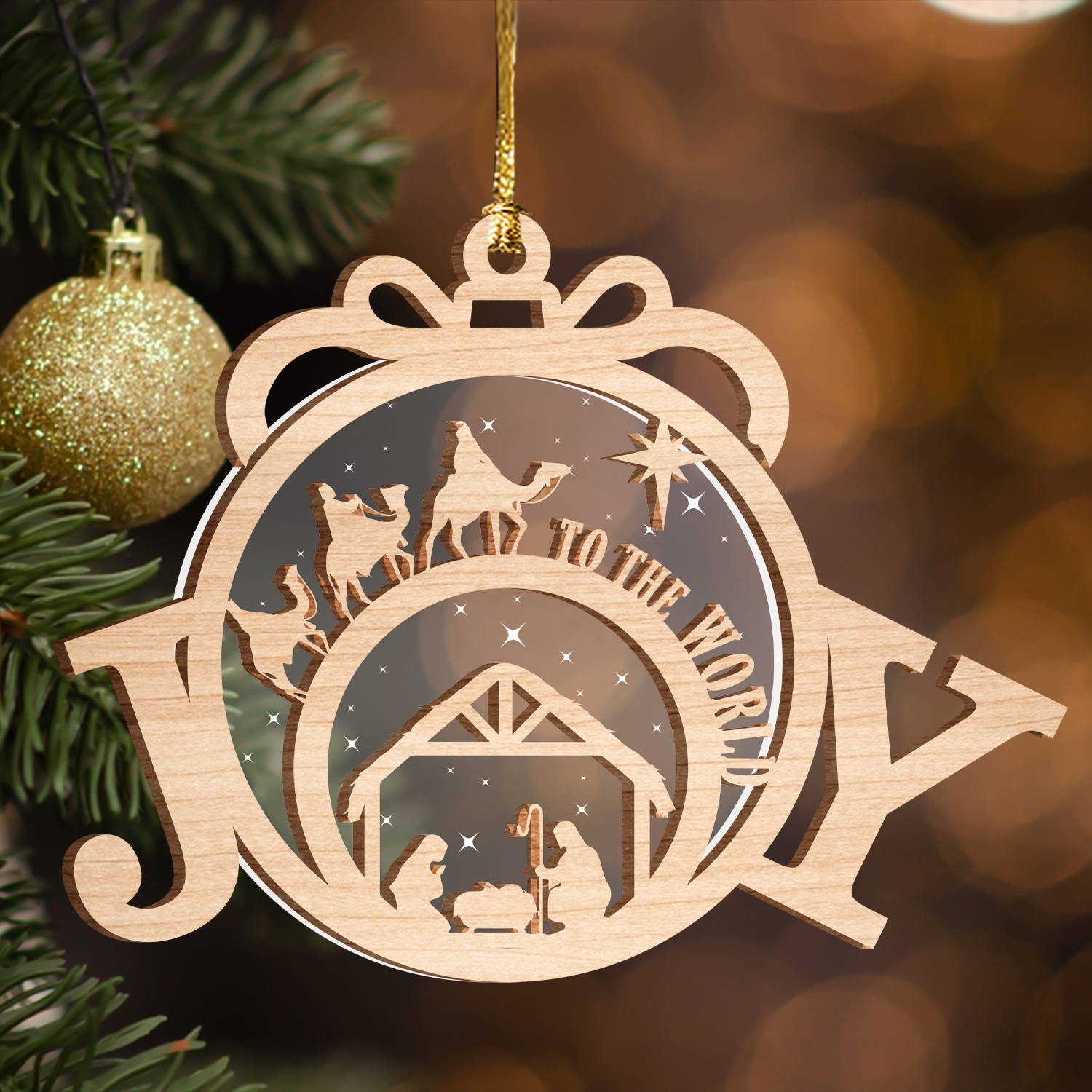 Joy To The World Holy Night Ornament Two Layers Christmas Car Hanging Wooden Transparent Acrylic Ornament