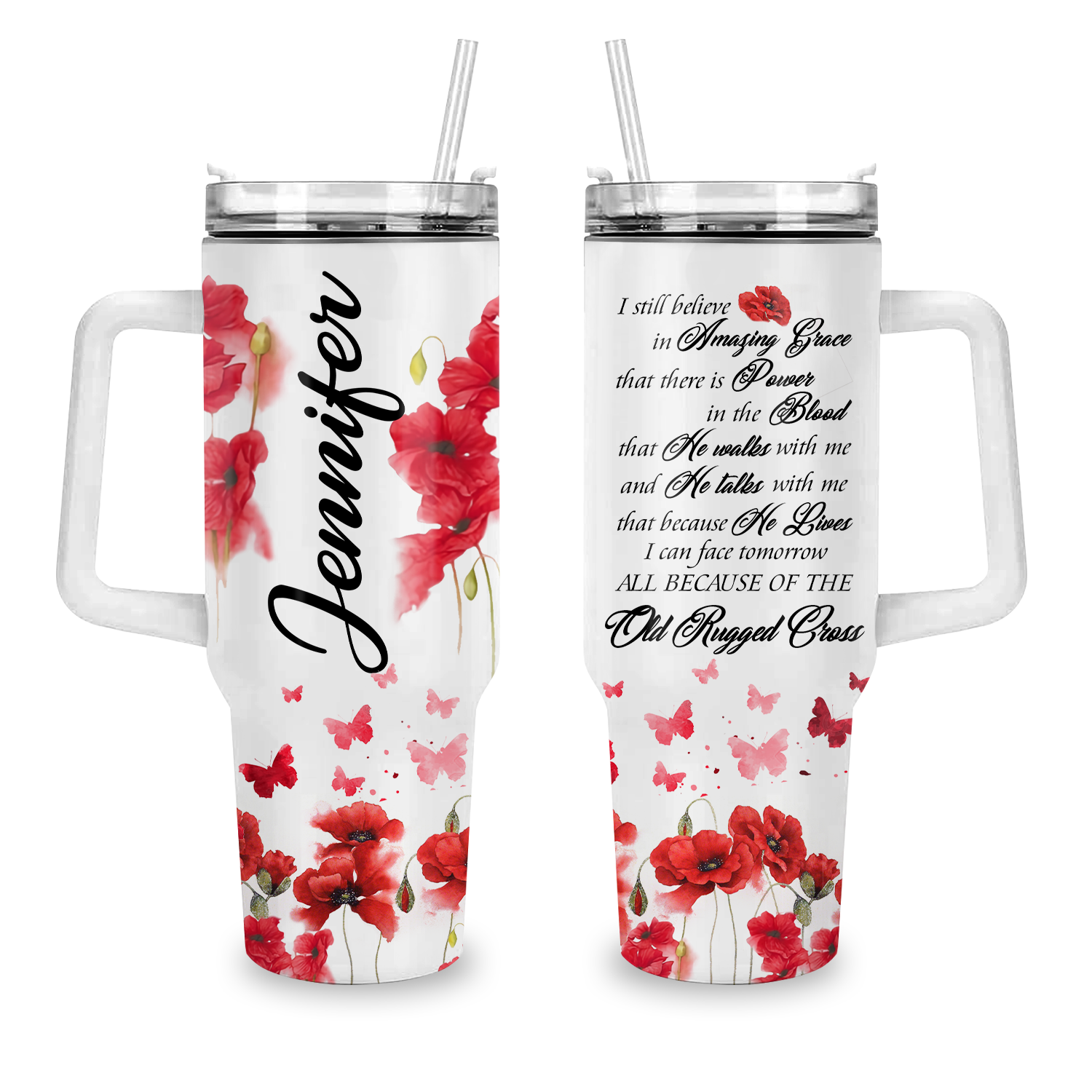 Poppy flower Old rugged cross - 40 Oz Tumbler With Handle - Personalized Stainless Steel Tumbler