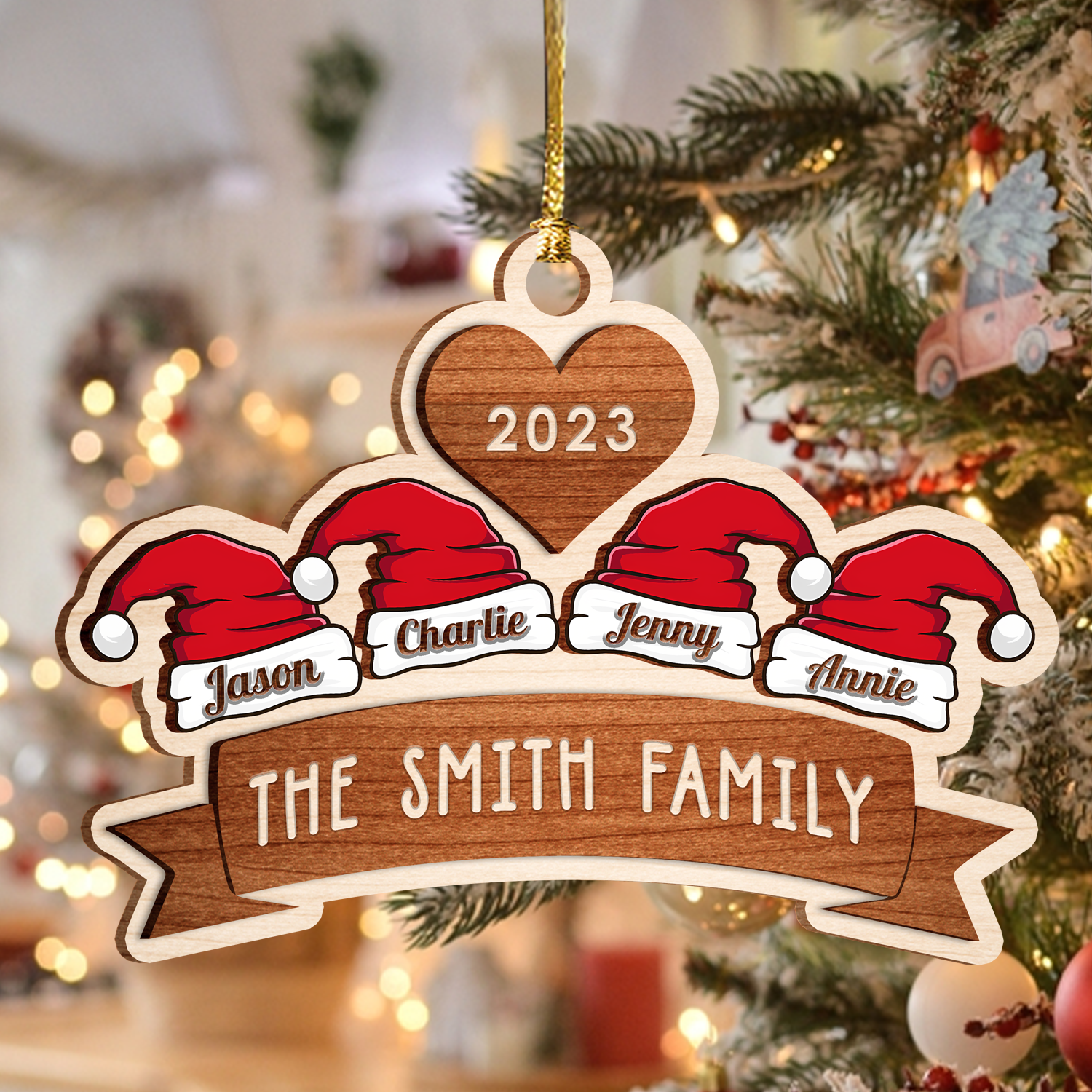 Christmas Santa Hat Family Stained Glass Custom Two Layers Suncatcher Ornament Christmas Ornament Car Hanging Ornament
