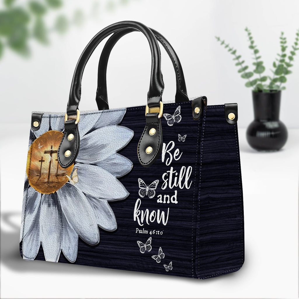 Daisy Flower Be Still and Know Personalized Leather Handbag With Handle Christian Gift Religious Gift For Women