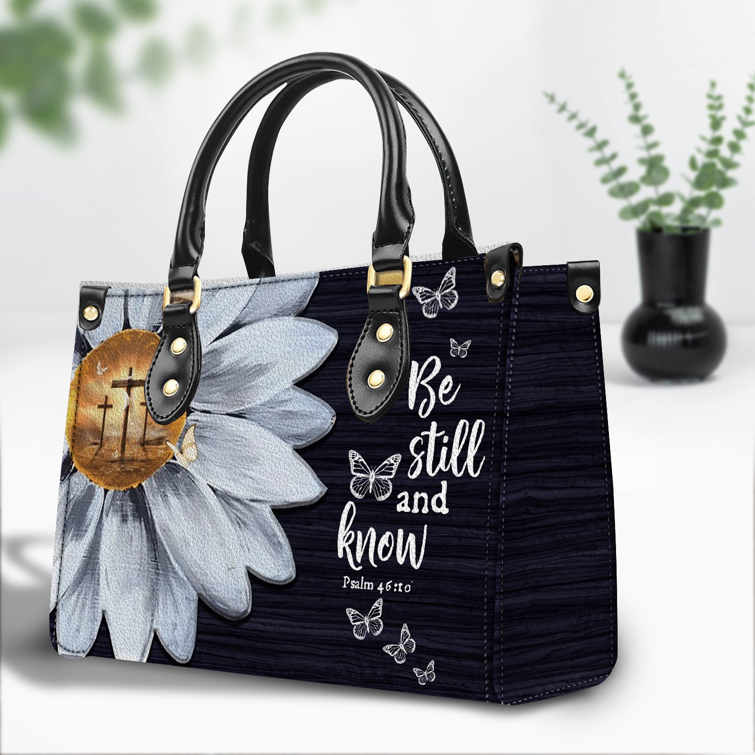 Daisy Flower Be Still and Know Personalized Leather Handbag With Handle Christian Gift Religious Gift For Women