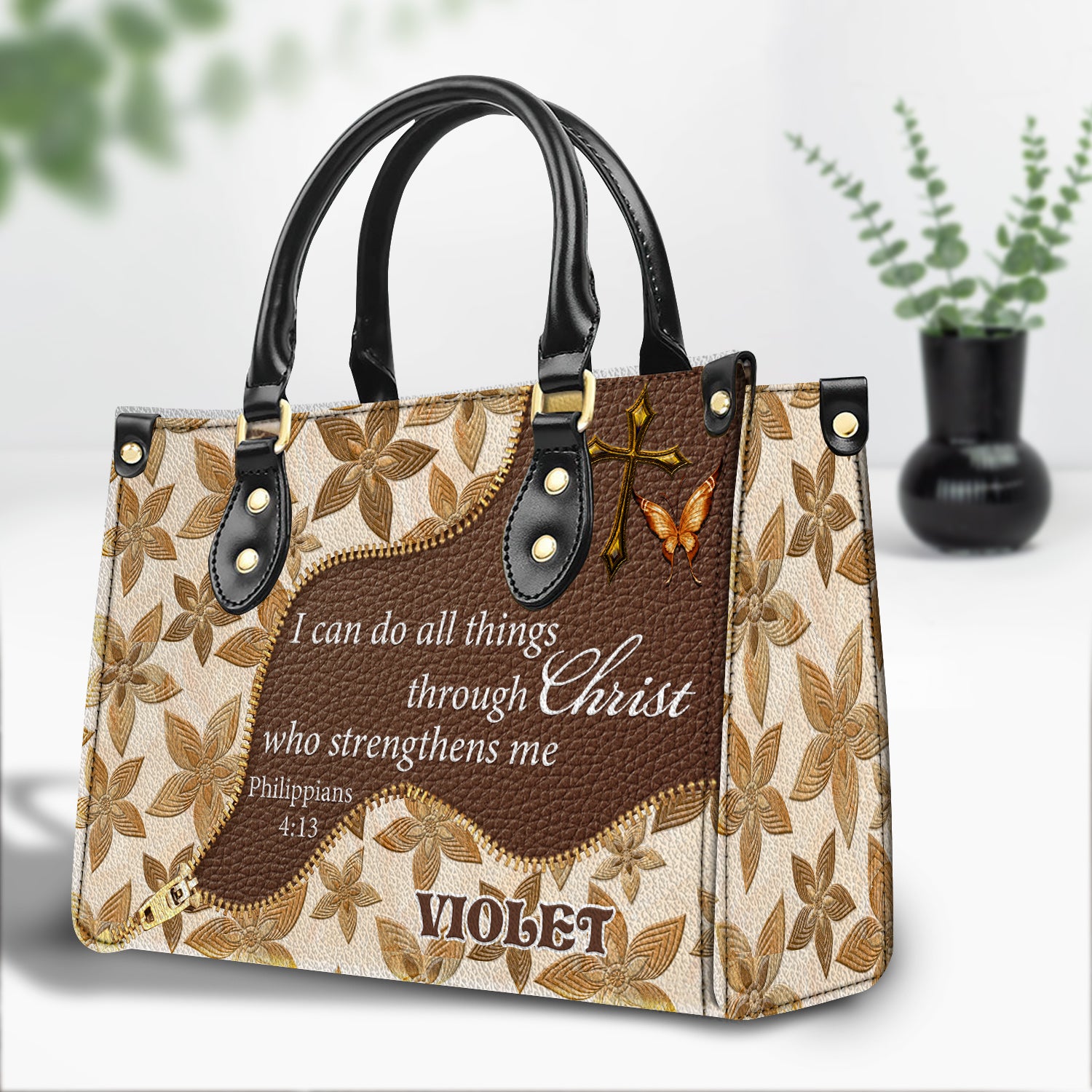 I can do all things Personalized Zippered Leather Handbag With Handle Christian Gift Religious Gift For Women