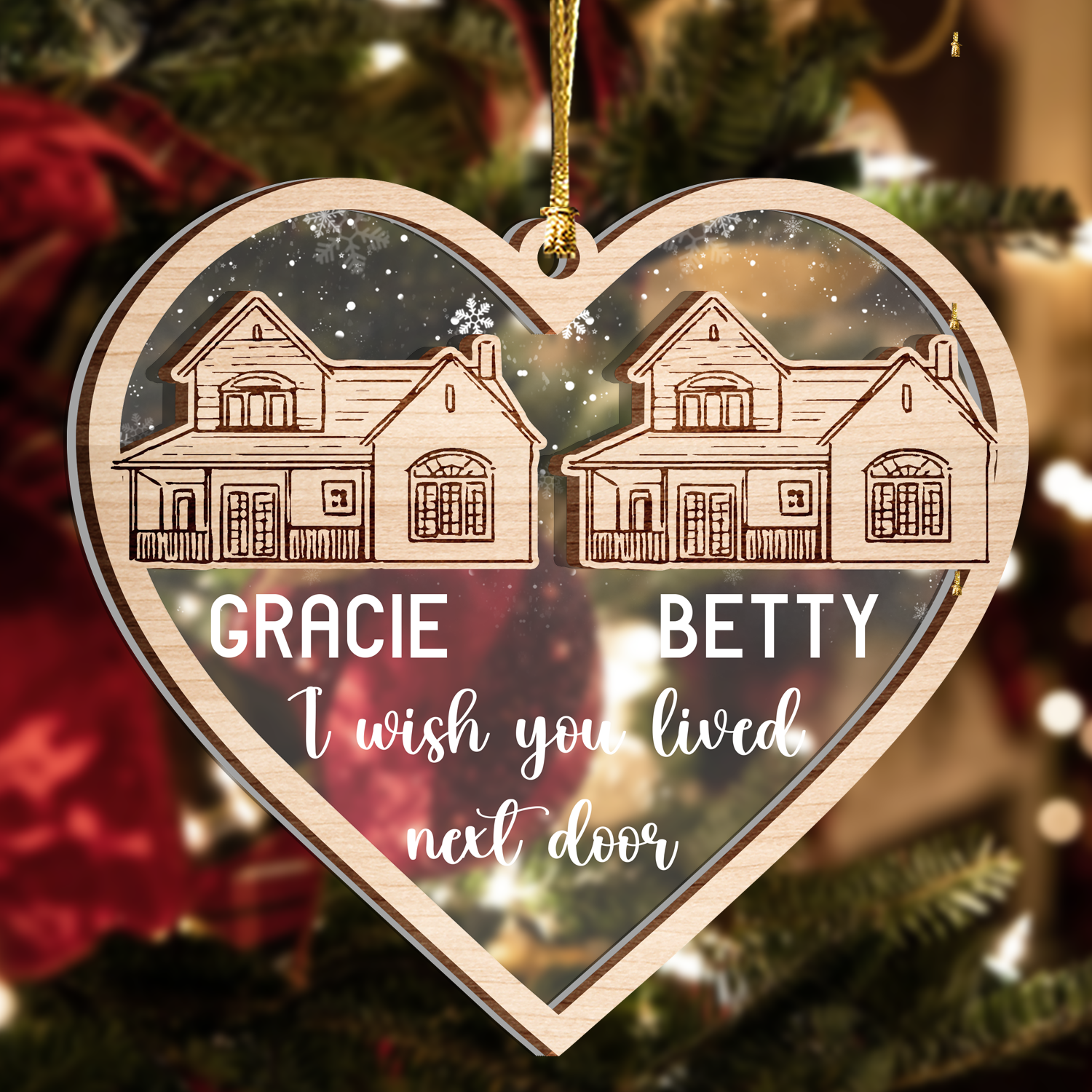 I Wish You Lived Next Door Custom 2 Layers Christmas Car Hanging Wooden Transparent Acrylic Ornament