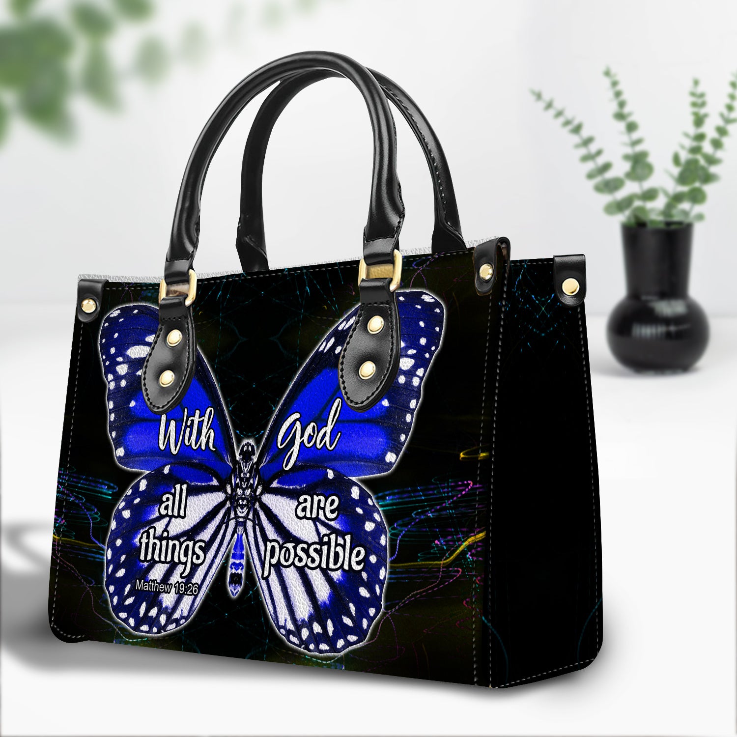 Purple Butterfly All Things Are Possible Zippered Leather Handbag With Handle Christian Gift Religious Gift For Women
