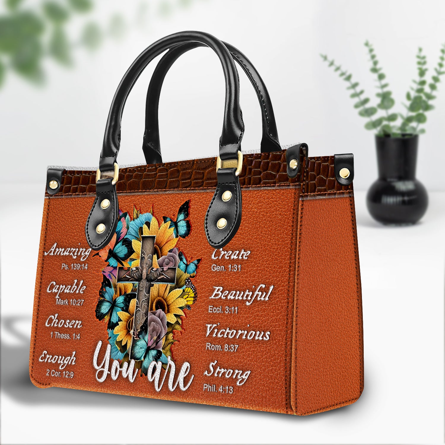 Vintage Sunflower Cross Butterfly You Are Leather Handbag