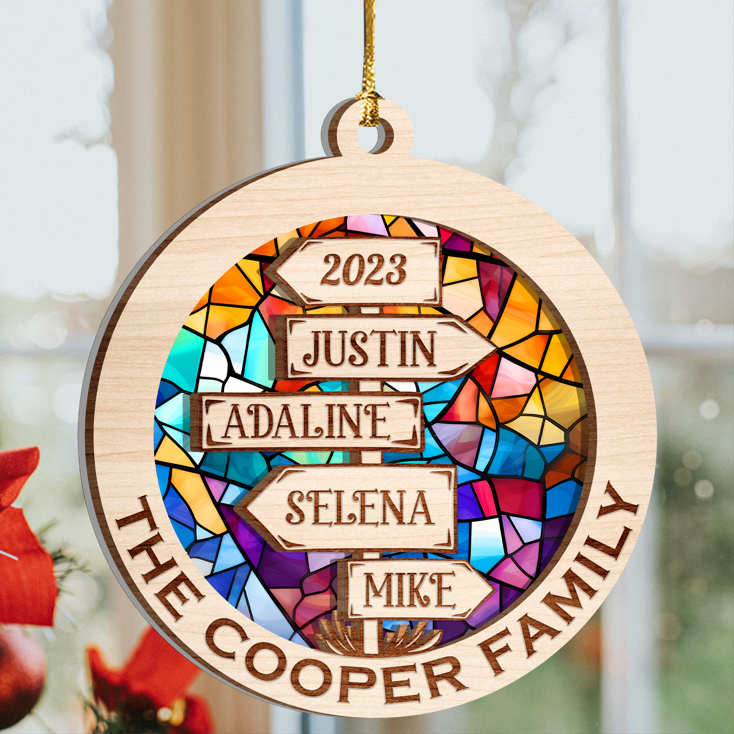 Direction Sign Family Custom Stained Glass Custom Two Layers Suncatcher Ornament Christmas Ornament Car Hanging Ornament